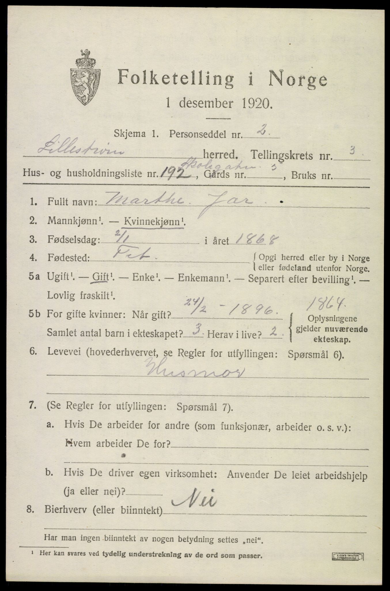 SAO, 1920 census for Lillestrøm, 1920, p. 10462