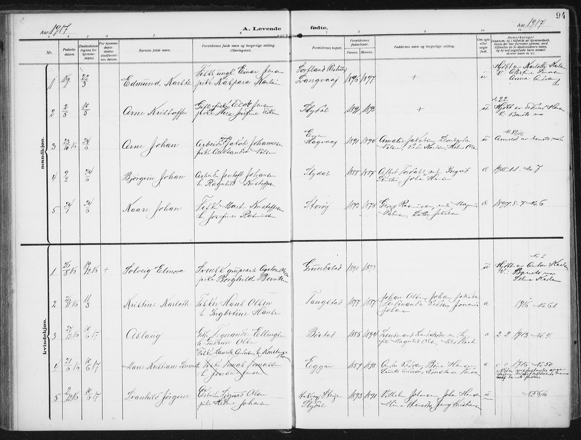 Ministerialprotokoller, klokkerbøker og fødselsregistre - Nordland, SAT/A-1459/880/L1135: Parish register (official) no. 880A09, 1908-1919, p. 94