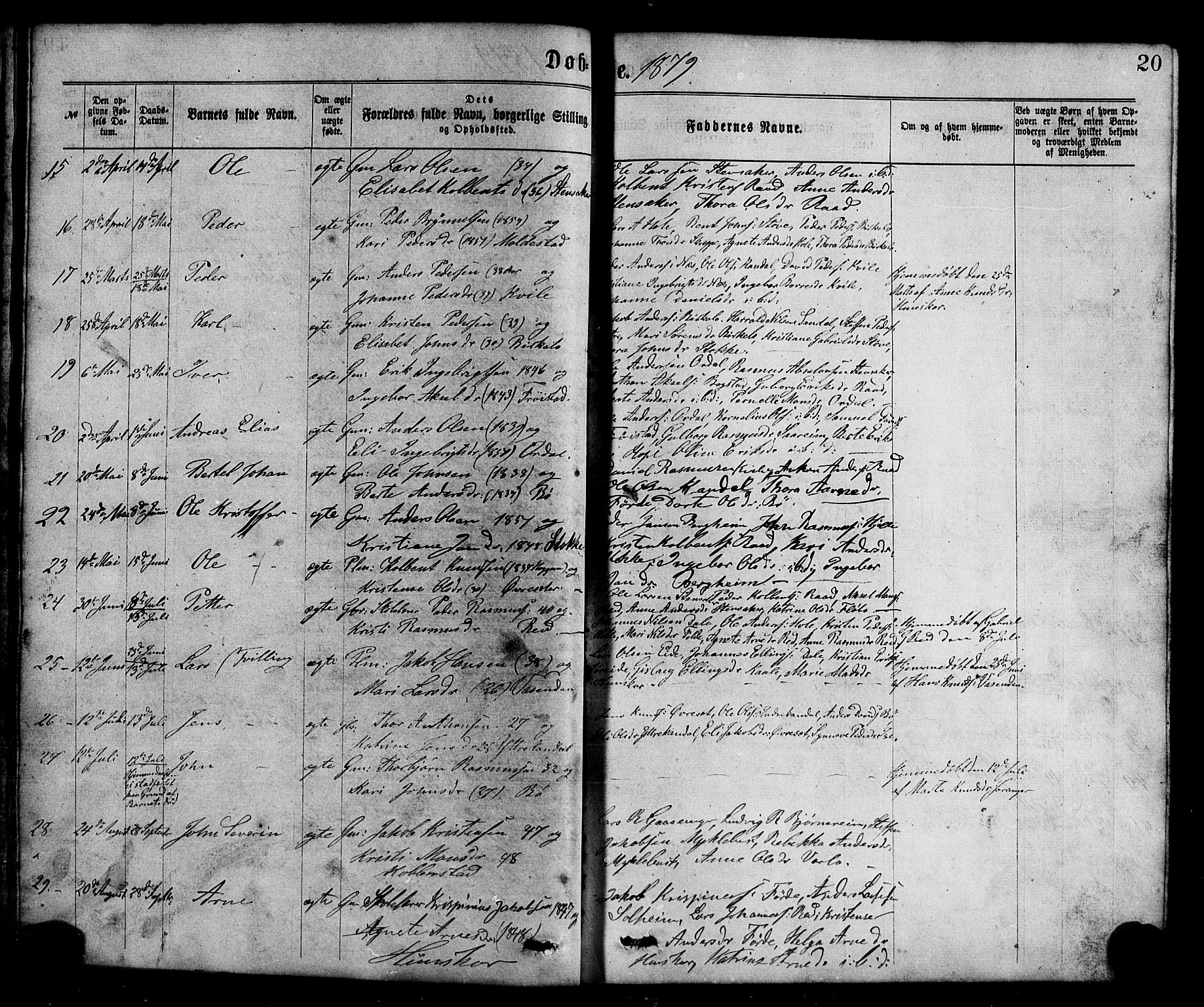 Gloppen sokneprestembete, AV/SAB-A-80101/H/Hab/Habc/L0001: Parish register (copy) no. C 1, 1872-1896, p. 20