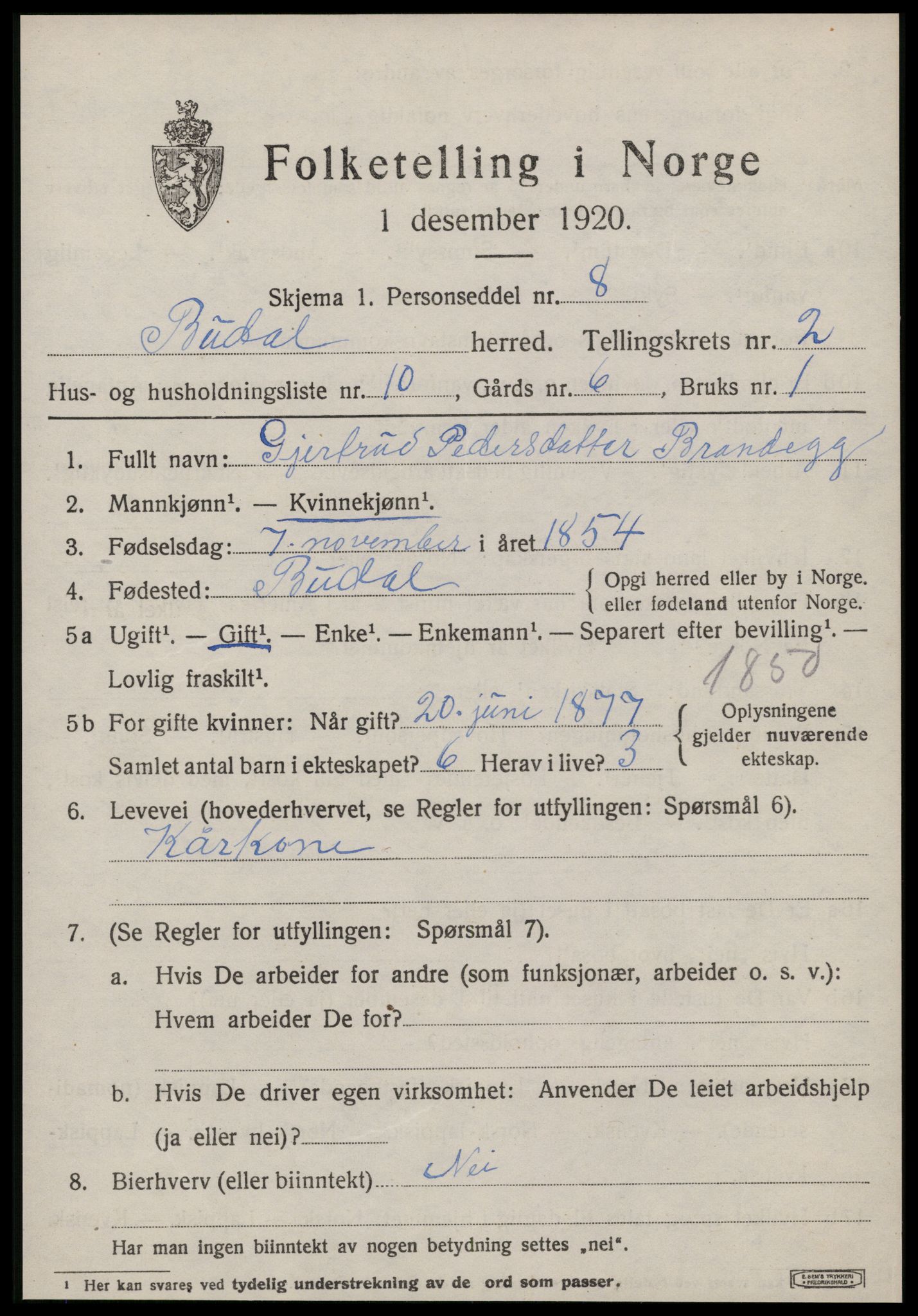 SAT, 1920 census for Budal, 1920, p. 494