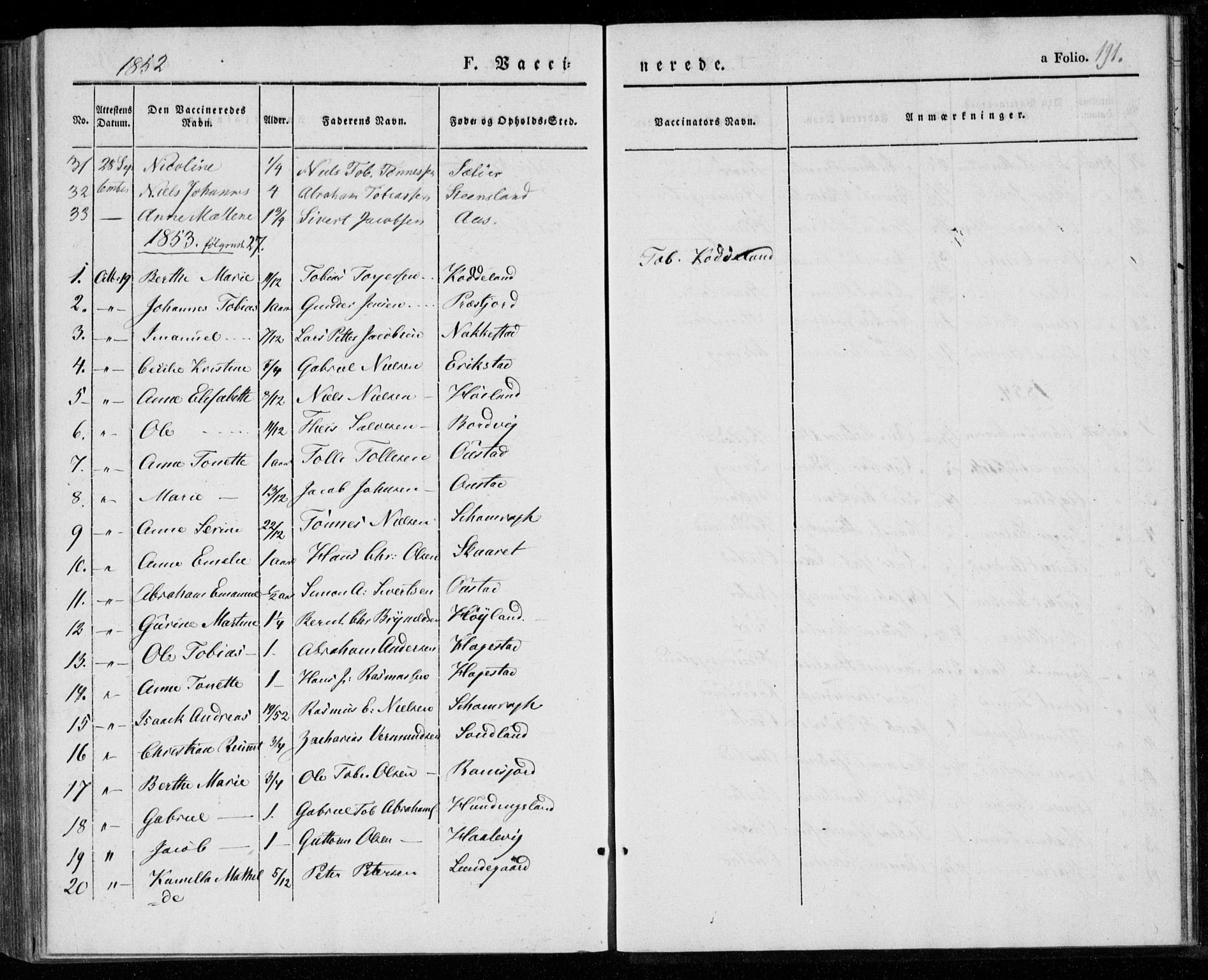 Lyngdal sokneprestkontor, SAK/1111-0029/F/Fa/Faa/L0001: Parish register (official) no. A 1, 1837-1857, p. 191