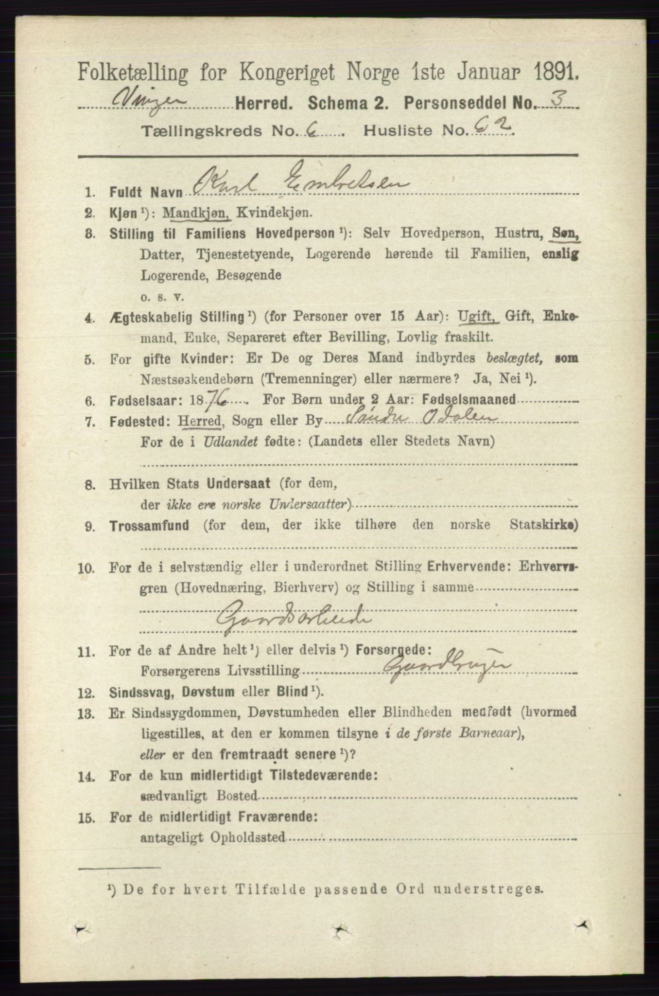 RA, 1891 census for 0421 Vinger, 1891, p. 2972