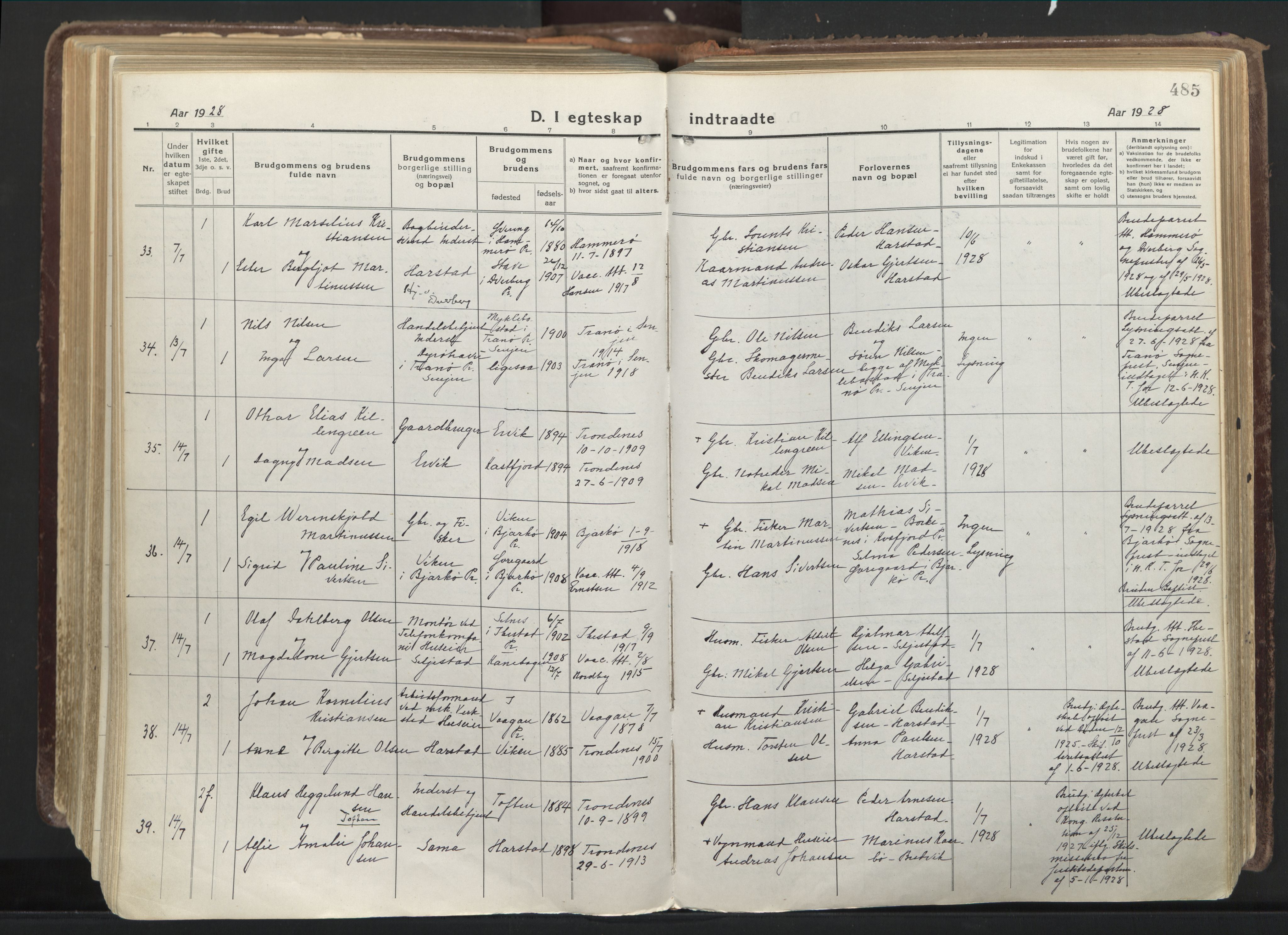 Trondenes sokneprestkontor, AV/SATØ-S-1319/H/Ha/L0019kirke: Parish register (official) no. 19, 1919-1928, p. 485