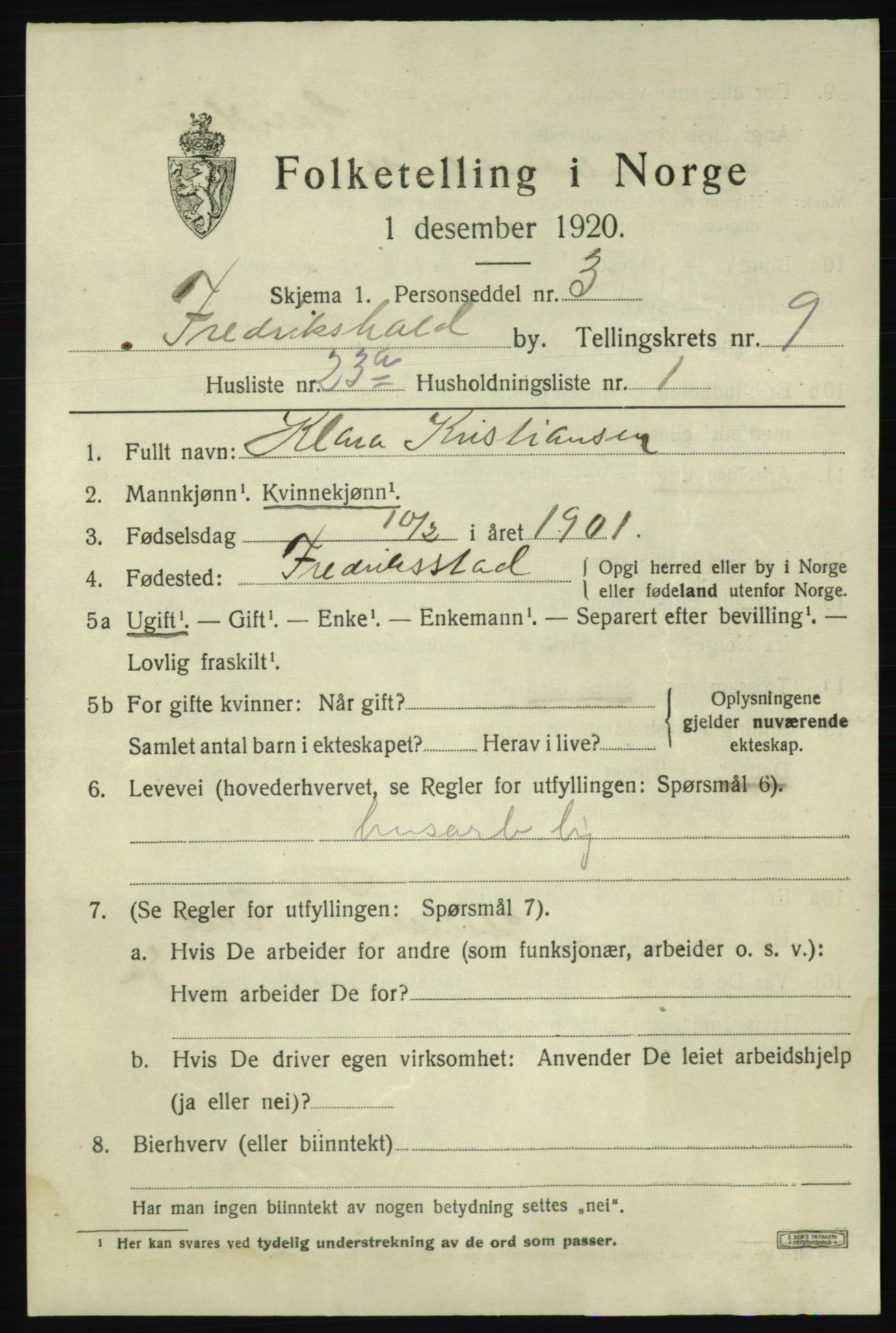 SAO, 1920 census for Fredrikshald, 1920, p. 17373