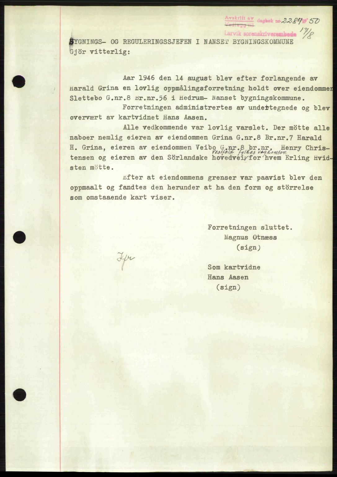 Larvik sorenskriveri, AV/SAKO-A-83/G/Ga/Gab/L0092: Mortgage book no. A-26, 1950-1950, Diary no: : 2284/1950