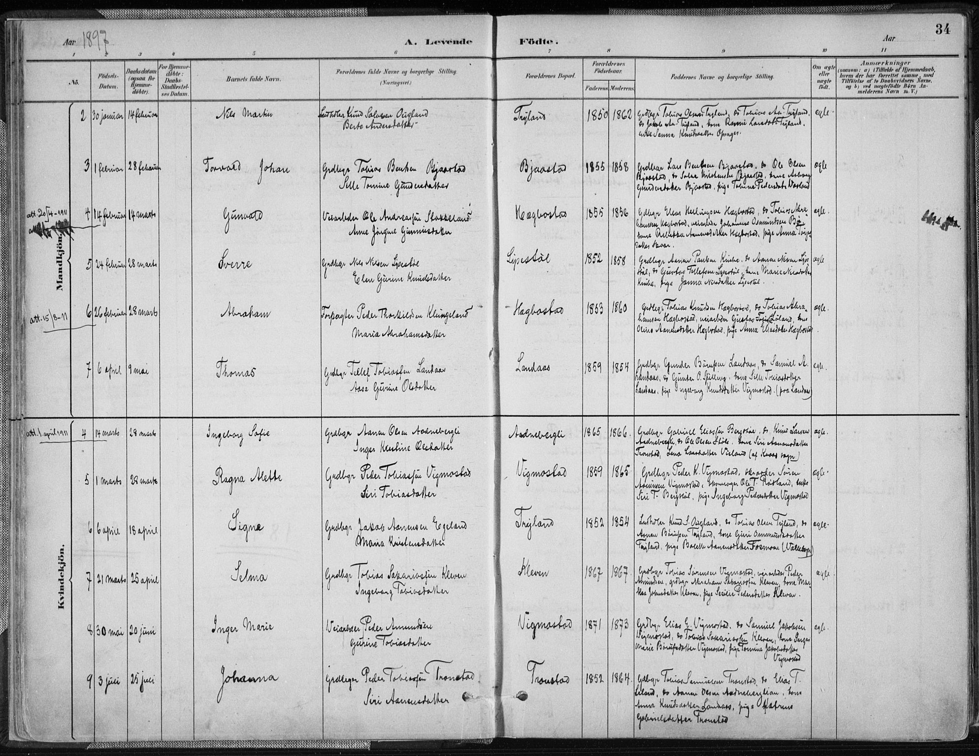 Nord-Audnedal sokneprestkontor, SAK/1111-0032/F/Fa/Fab/L0003: Parish register (official) no. A 3, 1882-1900, p. 34