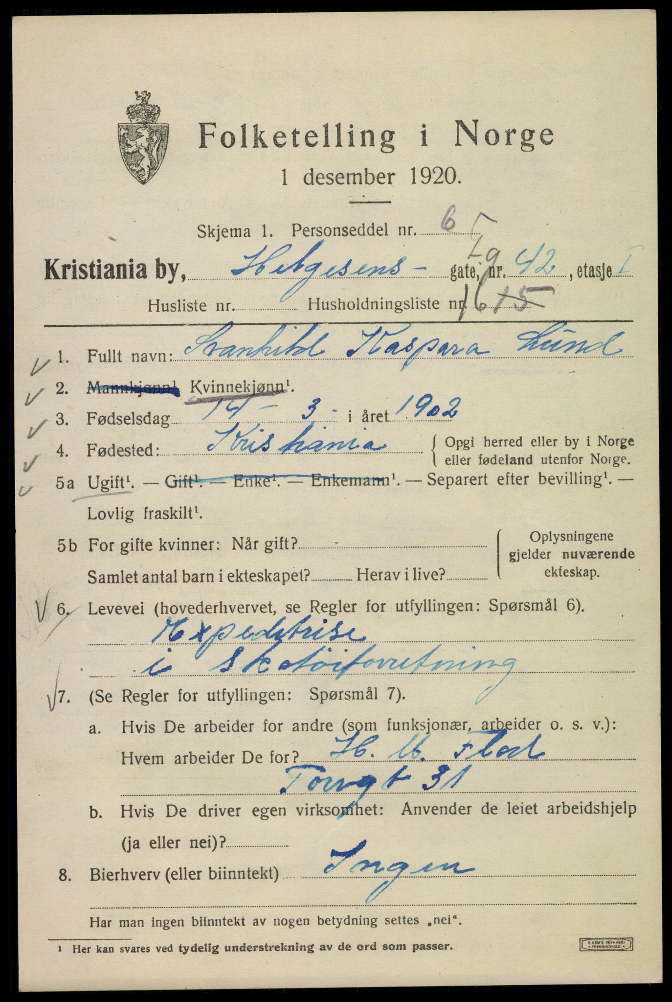 SAO, 1920 census for Kristiania, 1920, p. 285297