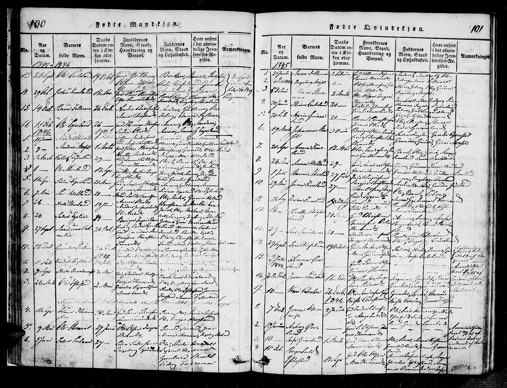 Bjelland sokneprestkontor, SAK/1111-0005/F/Fa/Fab/L0002: Parish register (official) no. A 2, 1816-1869, p. 100-101