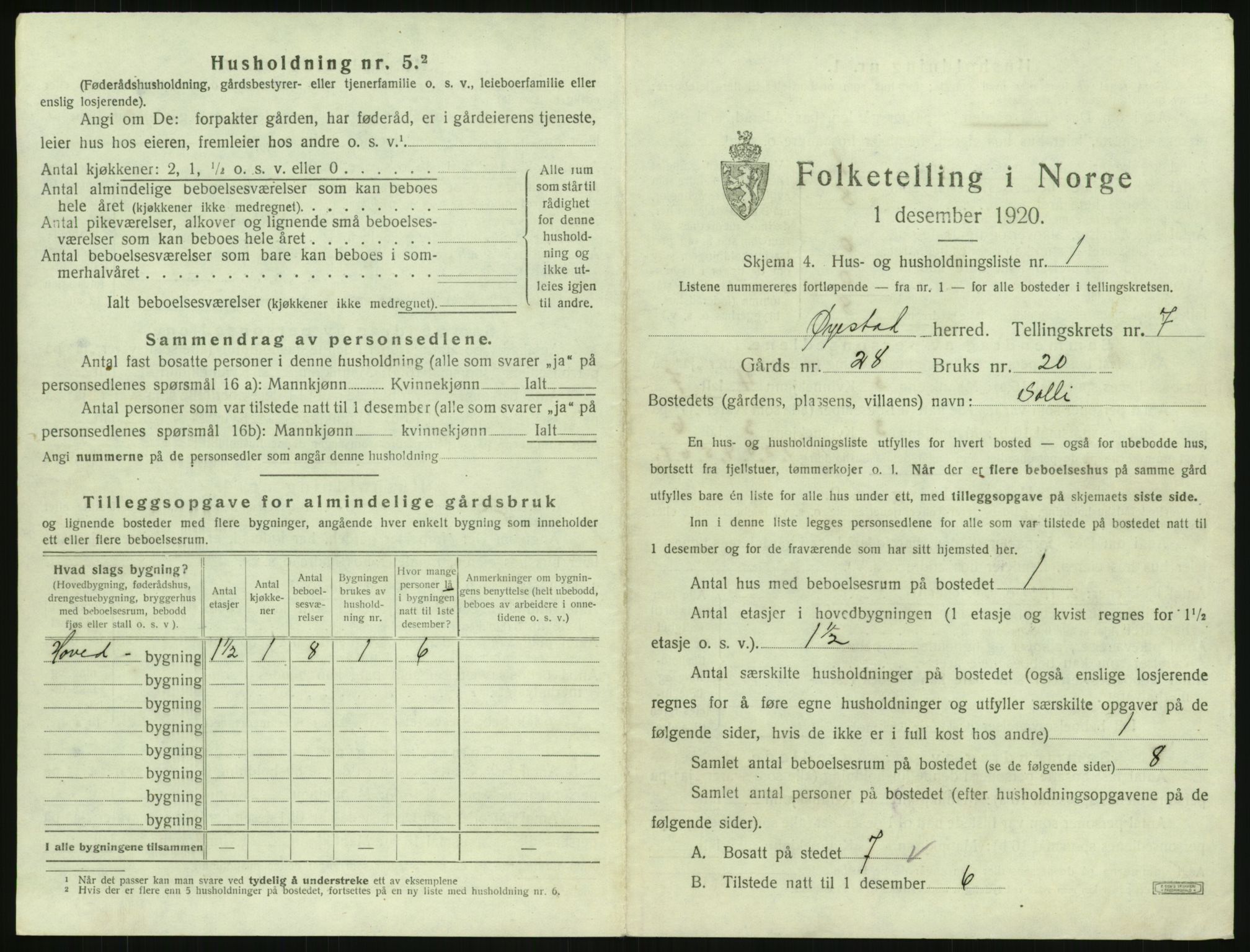 SAK, 1920 census for Øyestad, 1920, p. 640