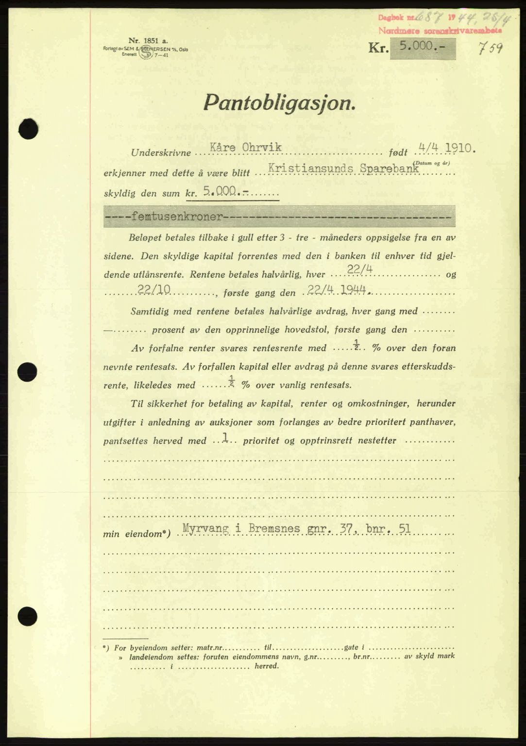 Nordmøre sorenskriveri, AV/SAT-A-4132/1/2/2Ca: Mortgage book no. B91, 1943-1944, Diary no: : 687/1944