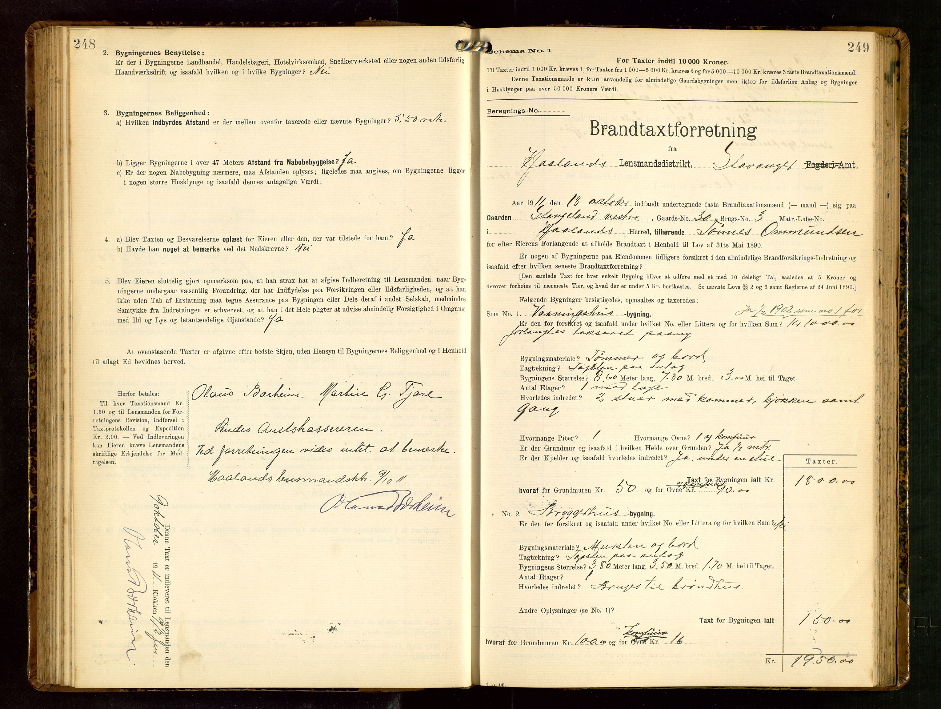 Håland lensmannskontor, AV/SAST-A-100100/Gob/L0003: Branntakstprotokoll - skjematakst. Register i boken., 1909-1910, p. 248-249