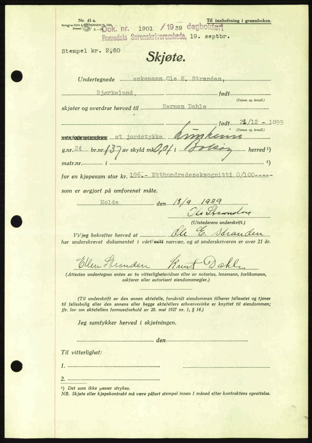 Romsdal sorenskriveri, AV/SAT-A-4149/1/2/2C: Mortgage book no. A7, 1939-1939, Diary no: : 1901/1939