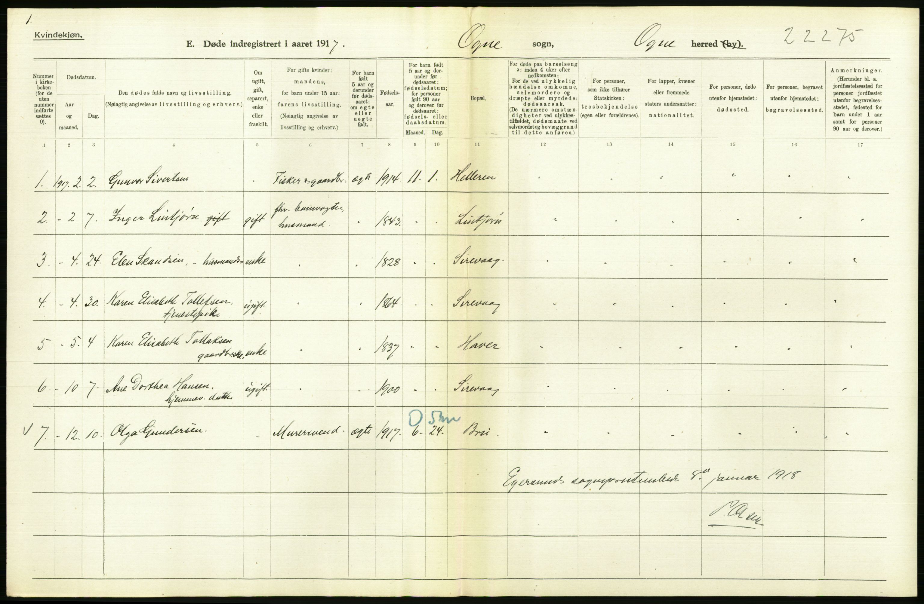 Statistisk sentralbyrå, Sosiodemografiske emner, Befolkning, RA/S-2228/D/Df/Dfb/Dfbg/L0033: Stavanger amt: Døde, dødfødte. Bygder og byer., 1917, p. 188