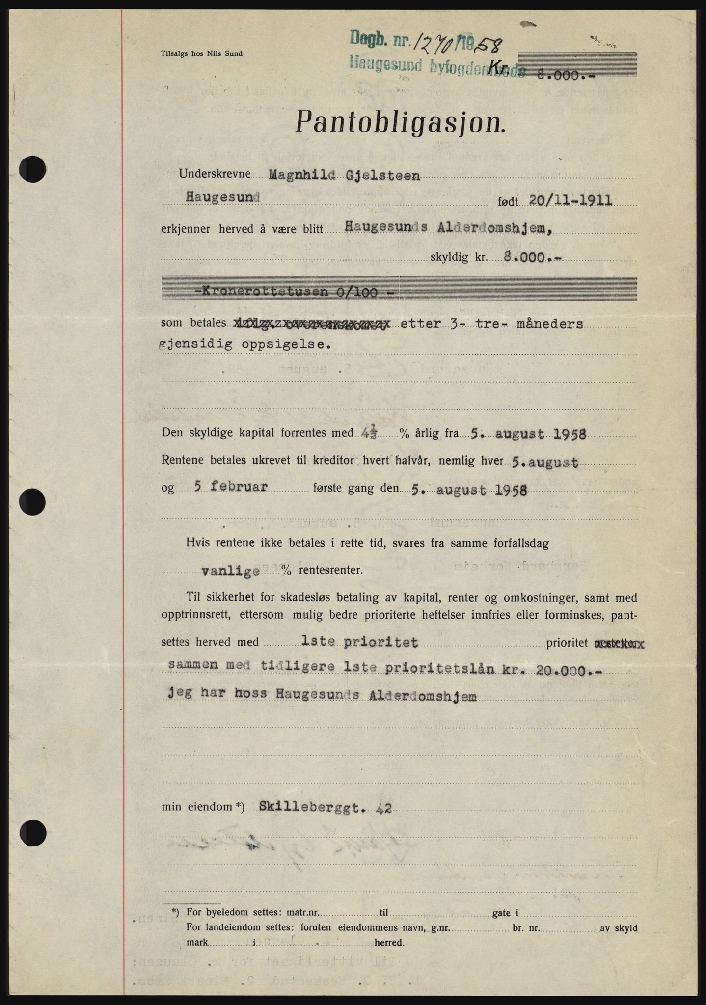Haugesund tingrett, SAST/A-101415/01/II/IIC/L0044: Mortgage book no. B 44, 1958-1959, Diary no: : 1270/1958