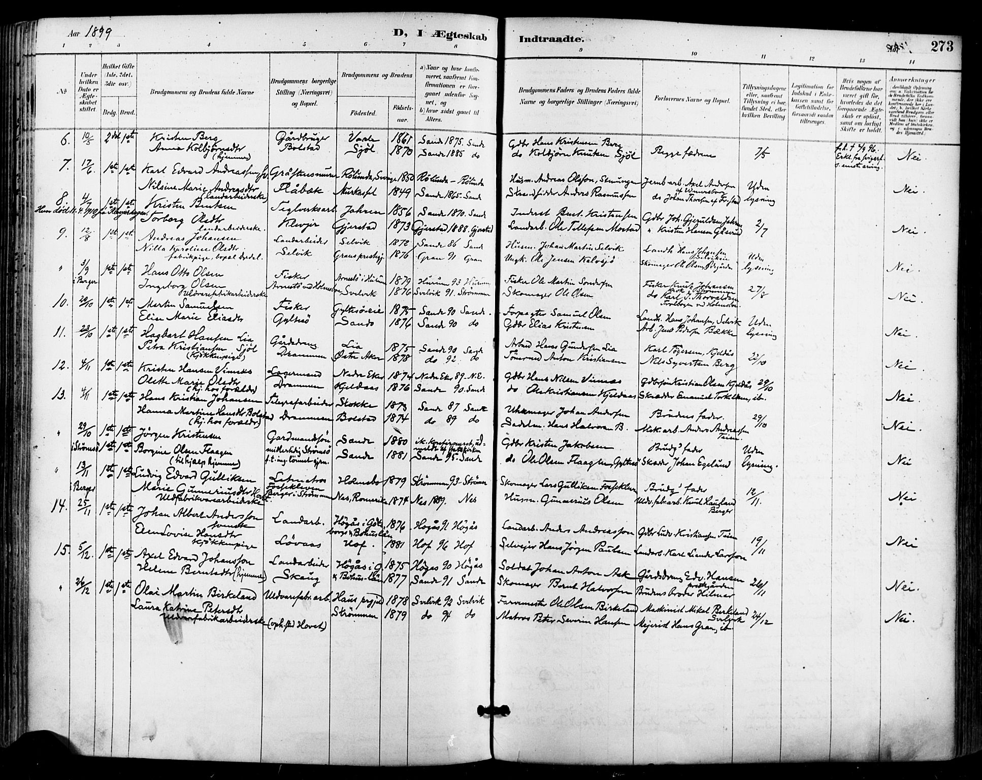 Sande Kirkebøker, AV/SAKO-A-53/F/Fa/L0007: Parish register (official) no. 7, 1888-1903, p. 273