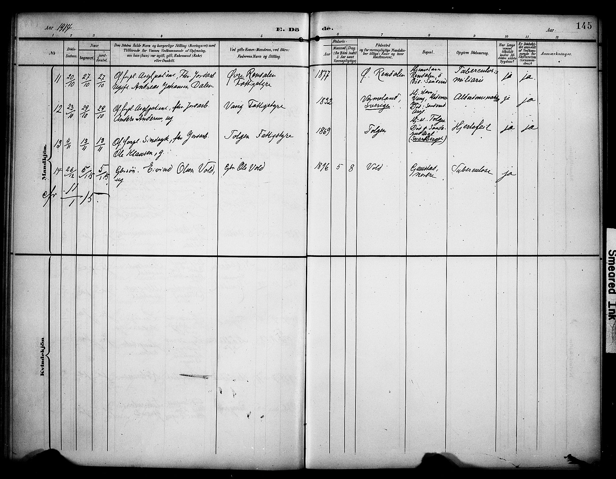 Stange prestekontor, SAH/PREST-002/K/L0022: Parish register (official) no. 22, 1903-1914, p. 145