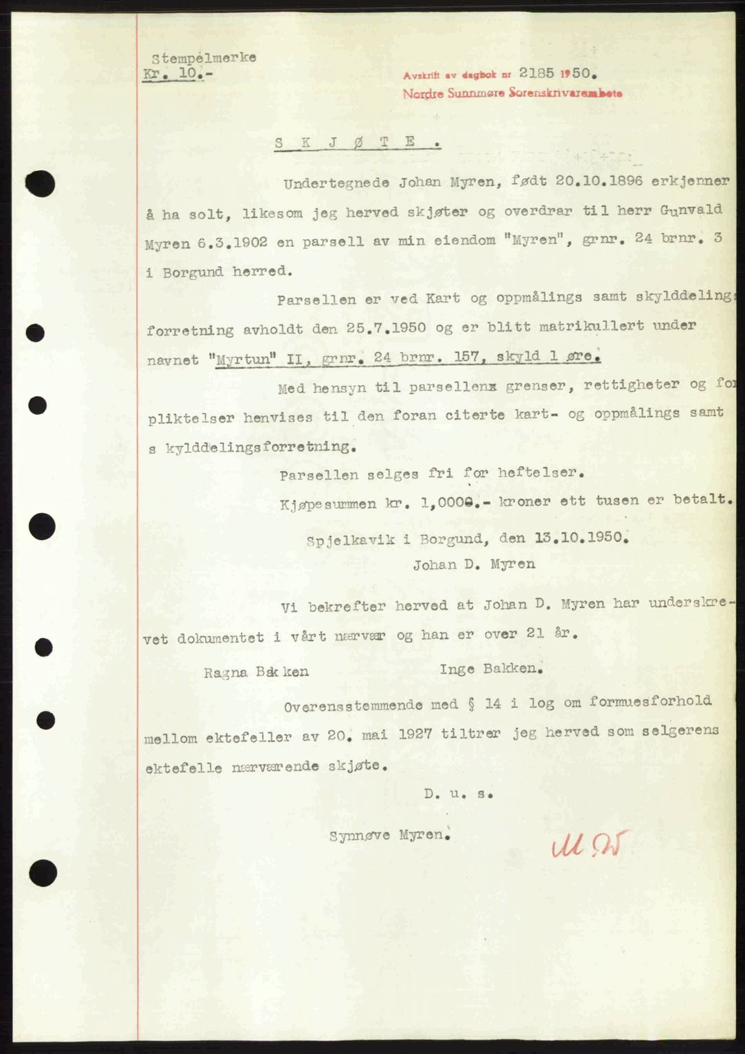 Nordre Sunnmøre sorenskriveri, AV/SAT-A-0006/1/2/2C/2Ca: Mortgage book no. A36, 1950-1950, Diary no: : 2185/1950