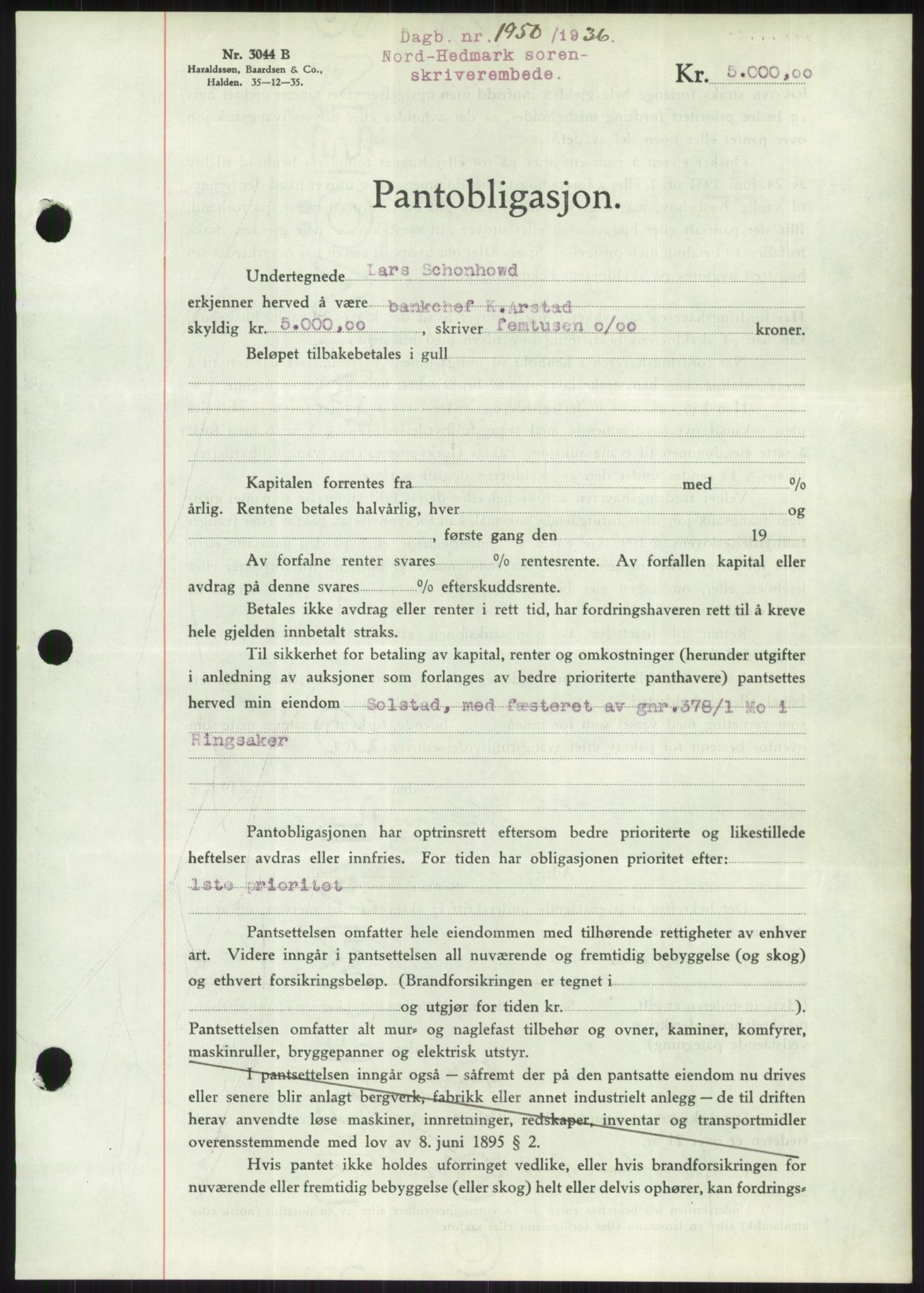 Nord-Hedmark sorenskriveri, AV/SAH-TING-012/H/Hb/Hbf/L0001: Mortgage book no. B1, 1936-1936, Diary no: : 1950/1936