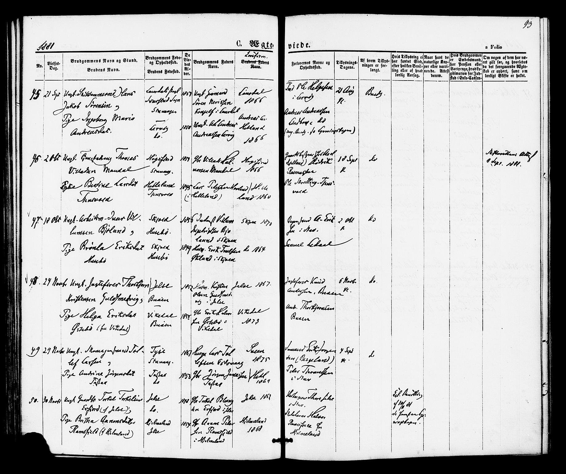 Hetland sokneprestkontor, SAST/A-101826/30/30BA/L0005: Parish register (official) no. A 5, 1869-1884, p. 93