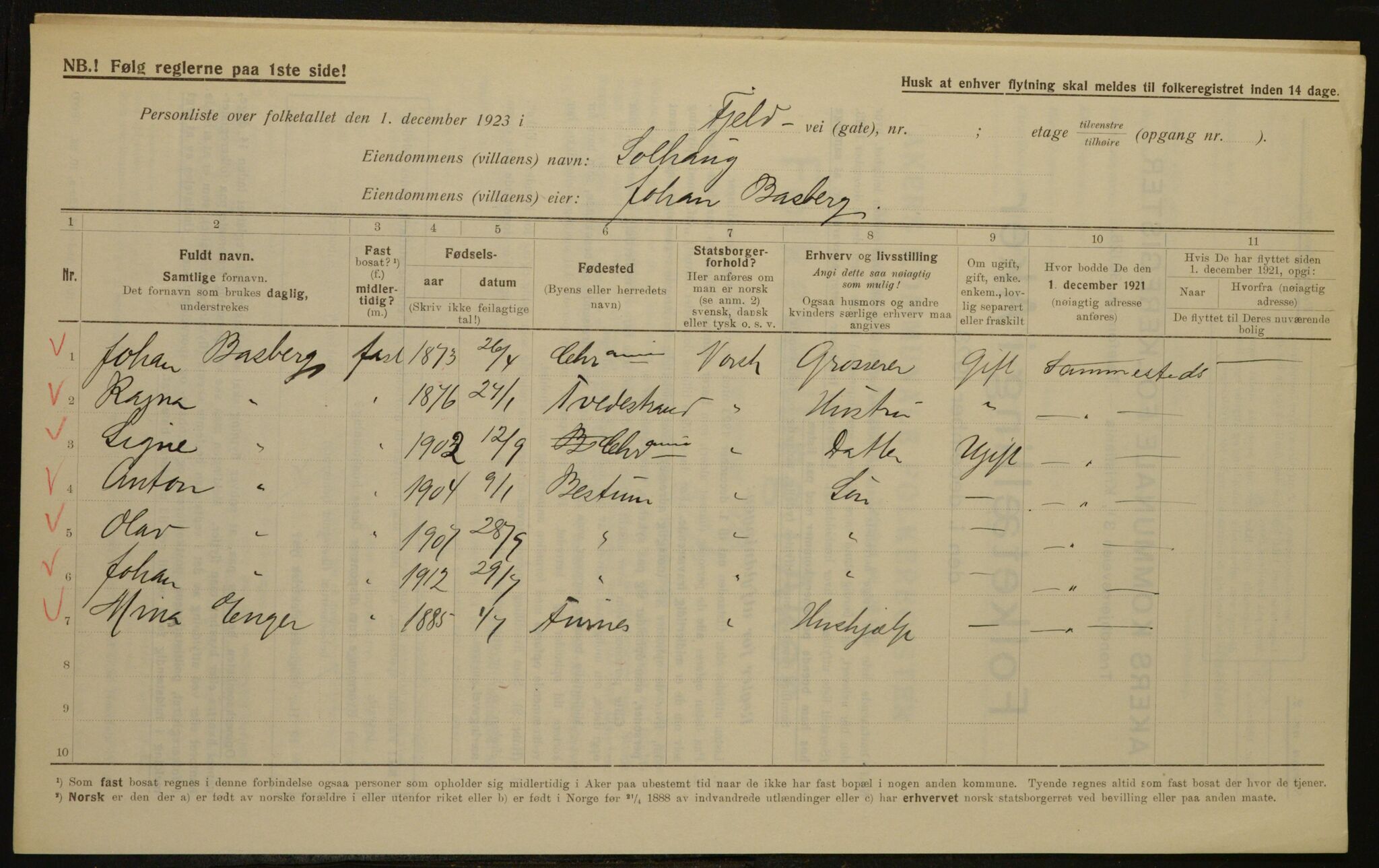 , Municipal Census 1923 for Aker, 1923, p. 1682