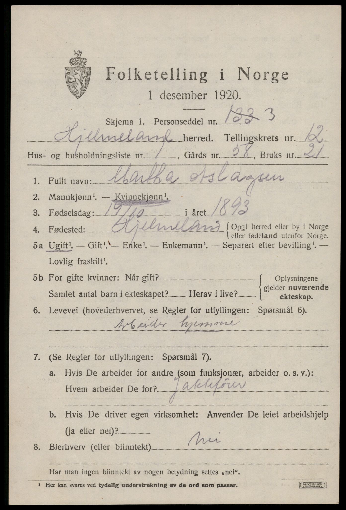 SAST, 1920 census for Hjelmeland, 1920, p. 3635