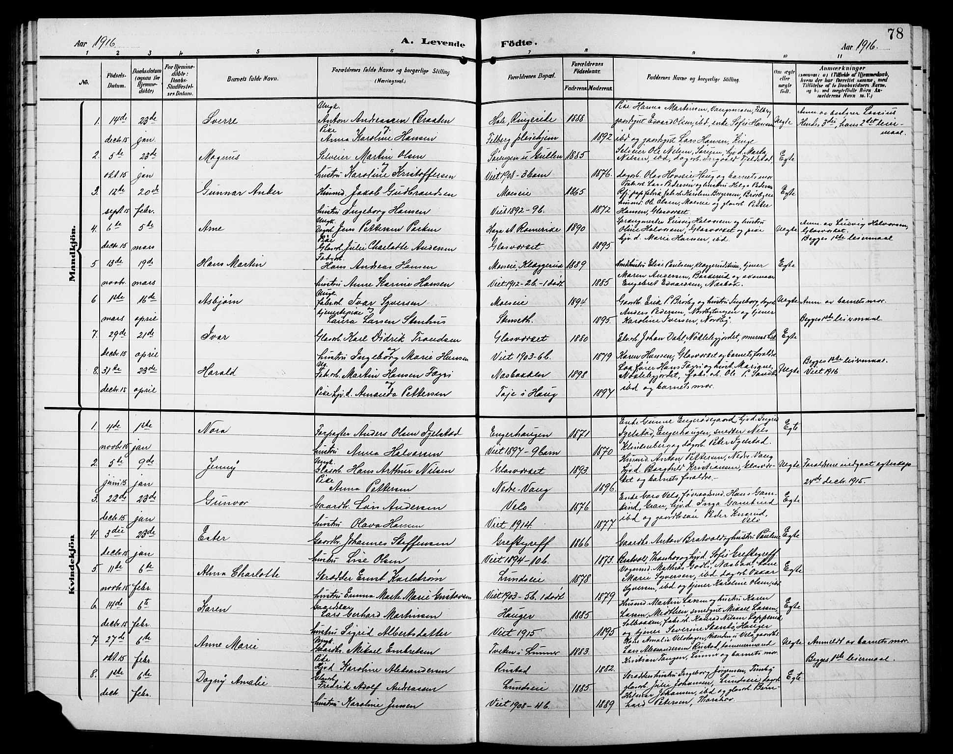 Jevnaker prestekontor, SAH/PREST-116/H/Ha/Hab/L0004: Parish register (copy) no. 4, 1907-1918, p. 78
