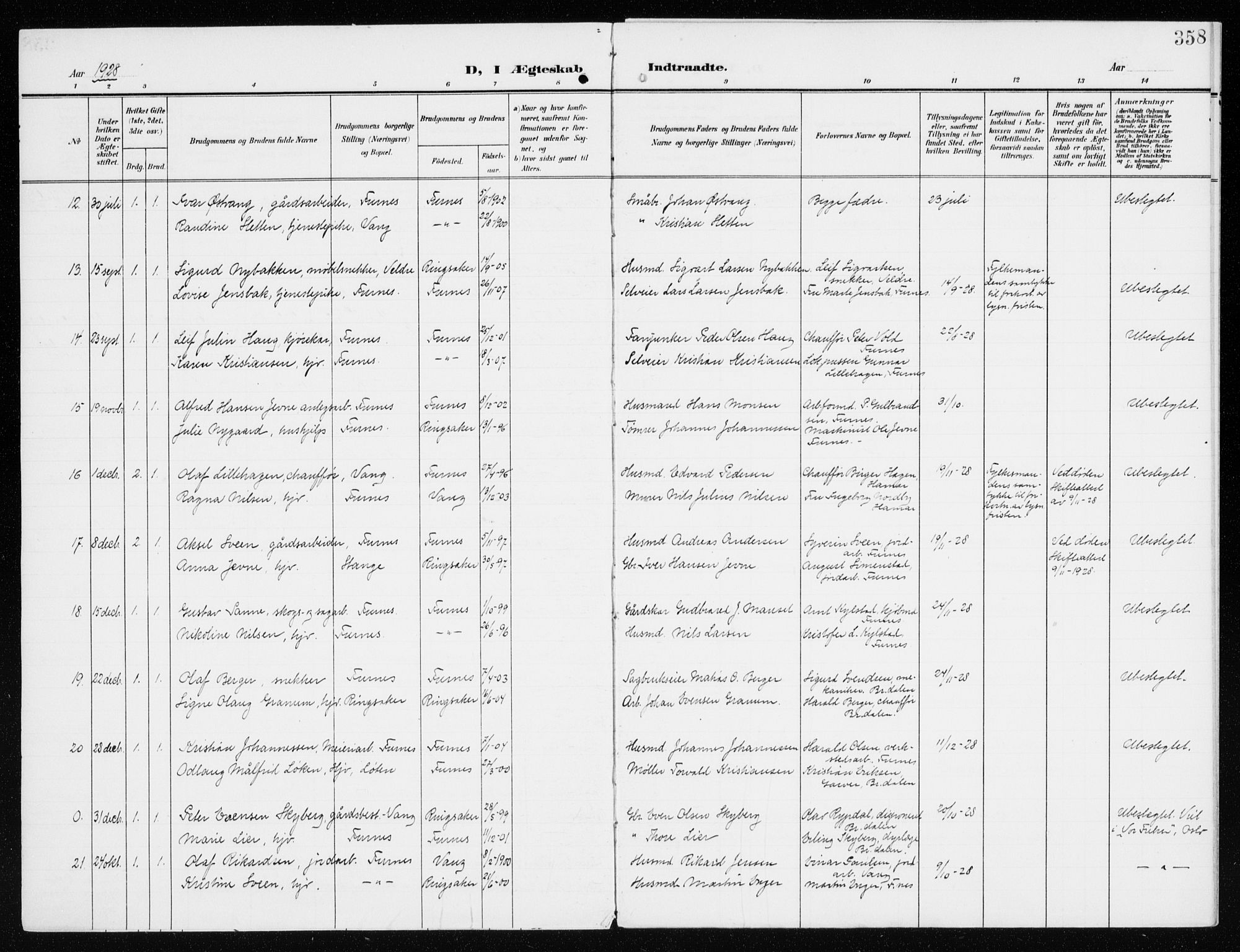Furnes prestekontor, SAH/PREST-012/K/Ka/L0001: Parish register (official) no. 1, 1907-1935, p. 358