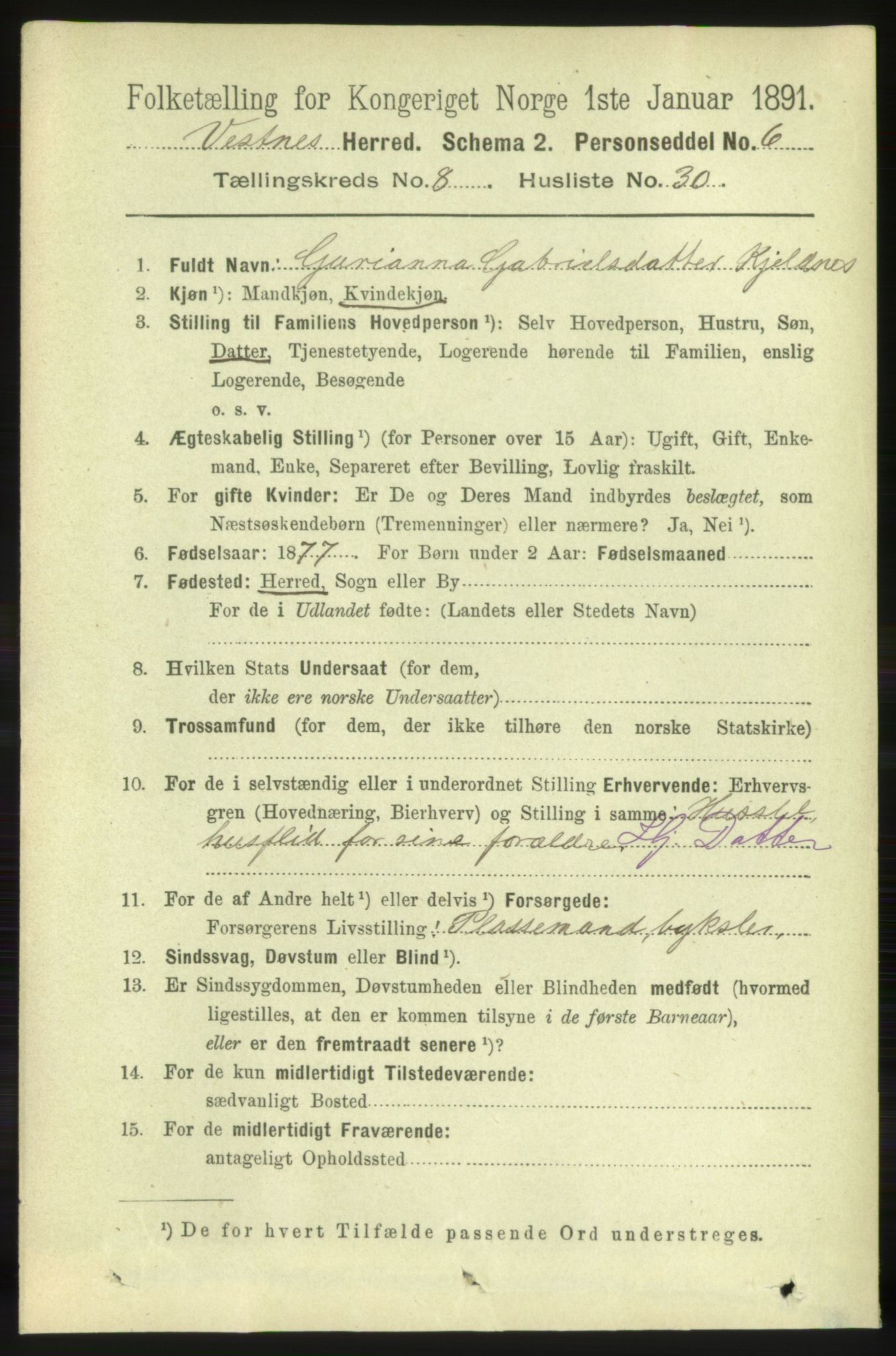RA, 1891 census for 1535 Vestnes, 1891, p. 3318