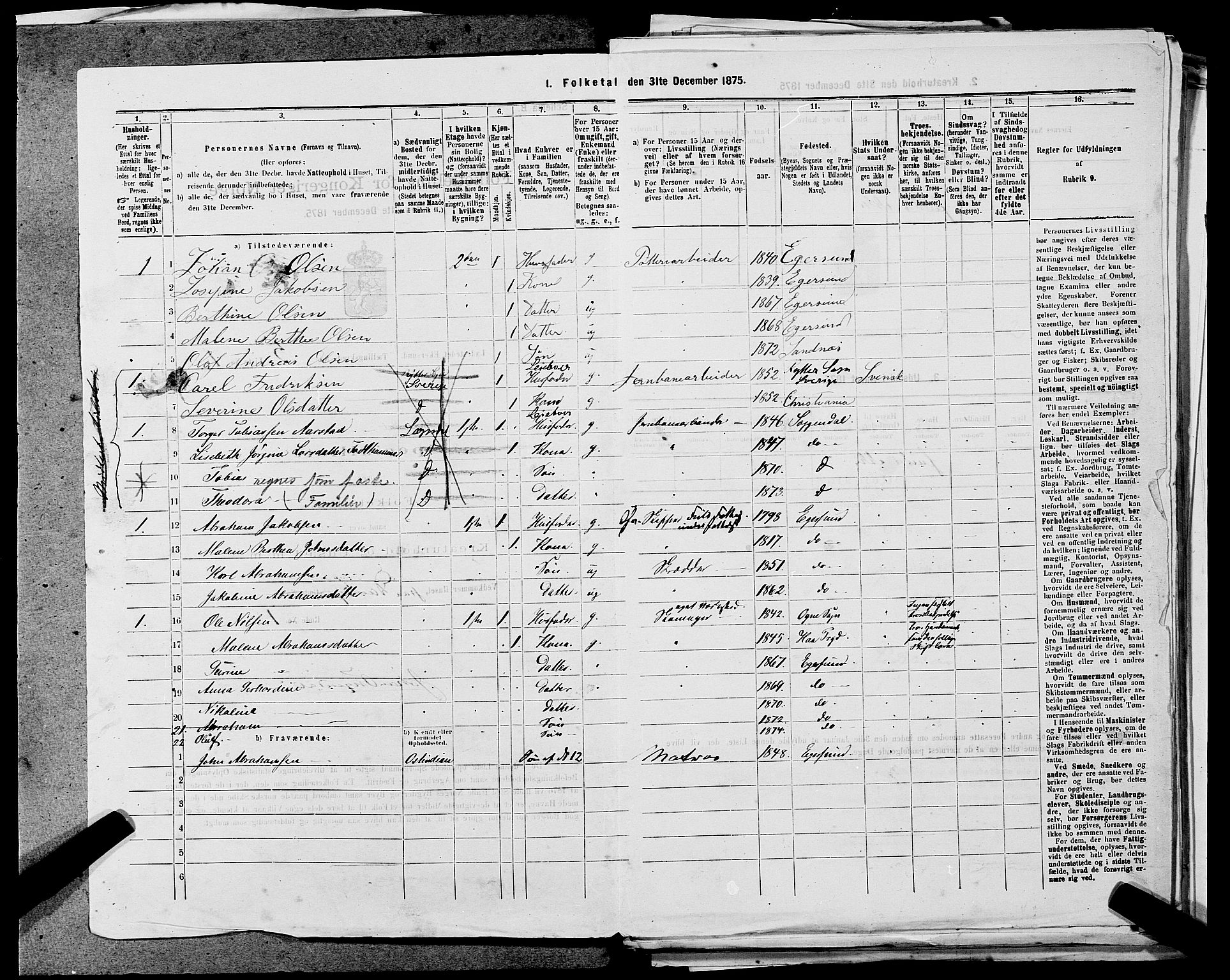 SAST, 1875 census for 1101B Eigersund parish, Egersund town, 1875, p. 433