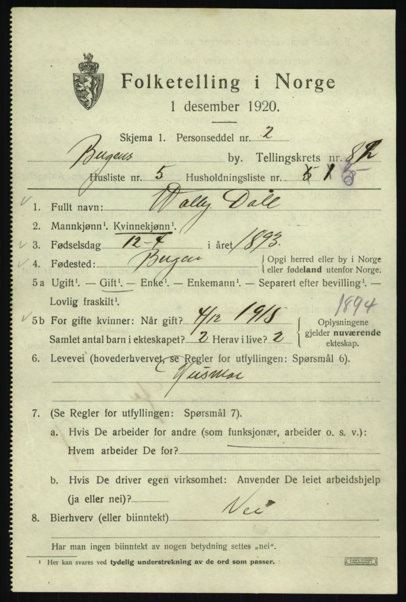 SAB, 1920 census for Bergen, 1920, p. 153126