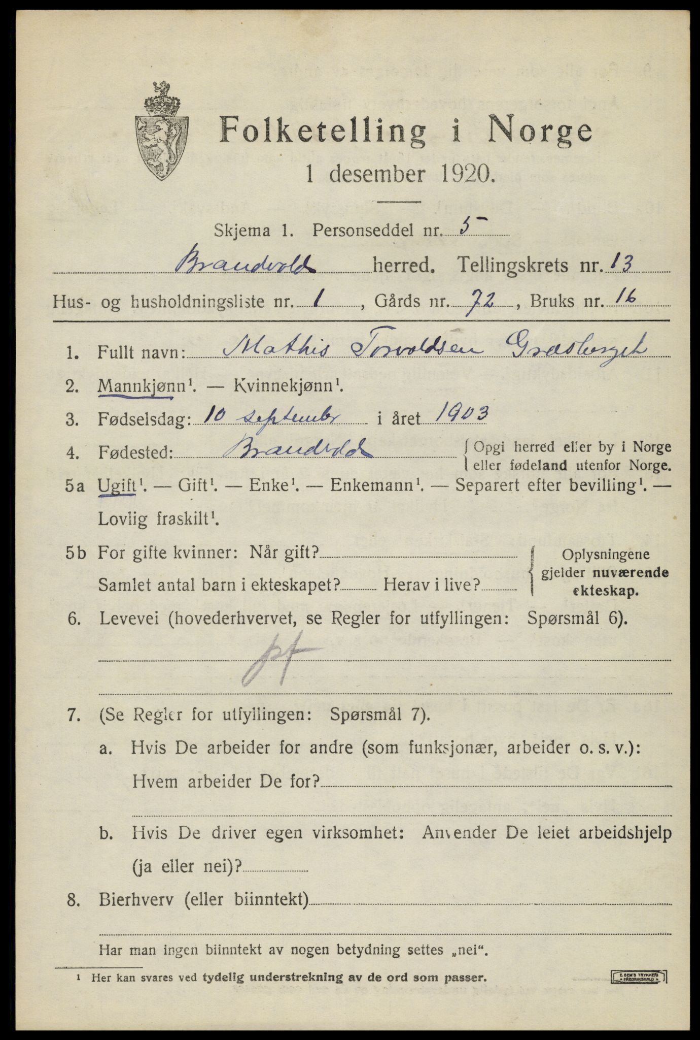 SAH, 1920 census for Brandval, 1920, p. 9146