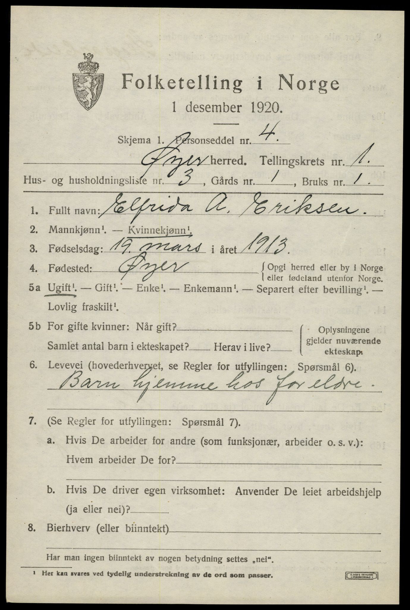 SAH, 1920 census for Øyer, 1920, p. 1233