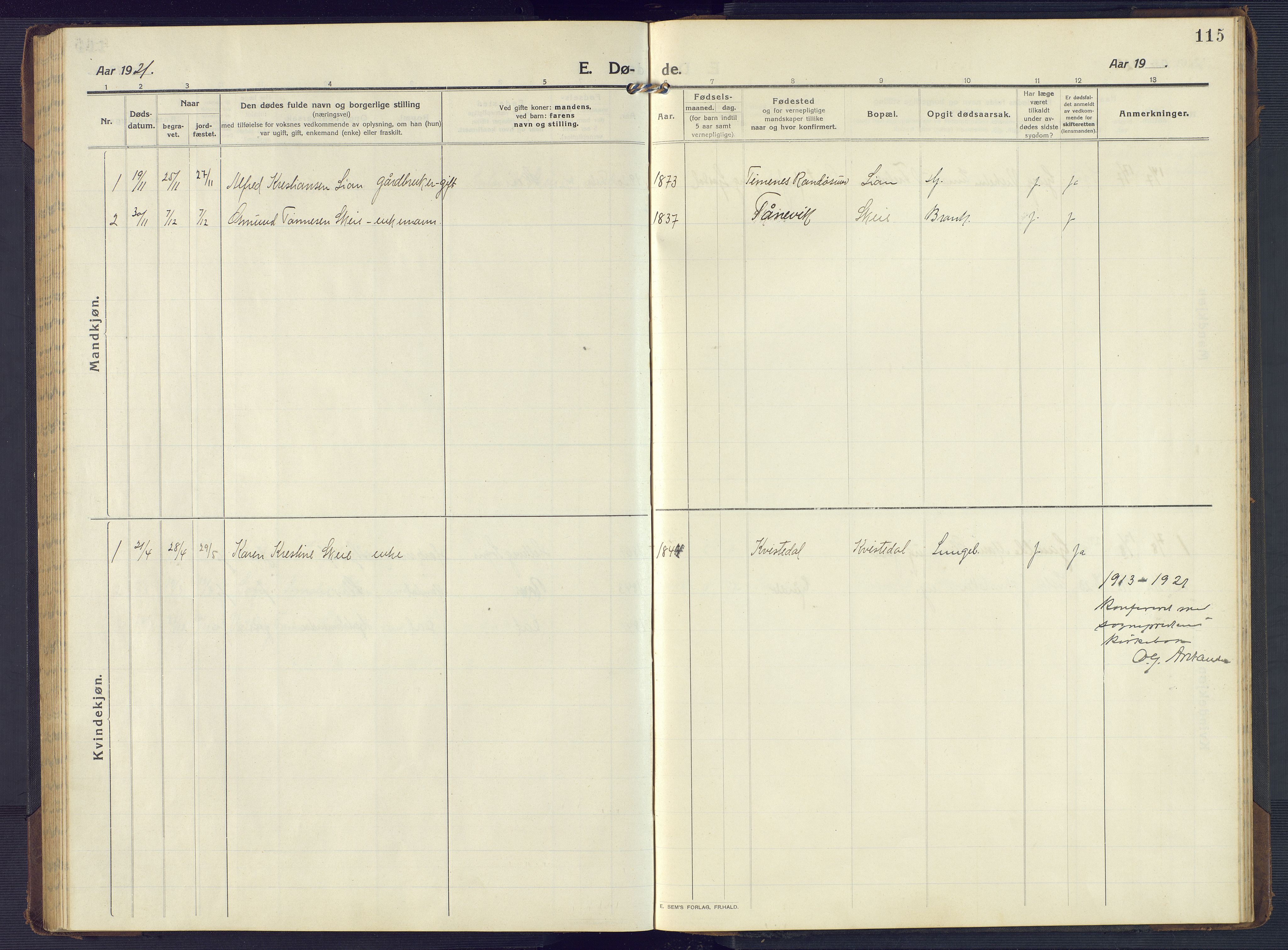 Mandal sokneprestkontor, SAK/1111-0030/F/Fb/Fbb/L0005: Parish register (copy) no. B 5, 1913-1957, p. 115