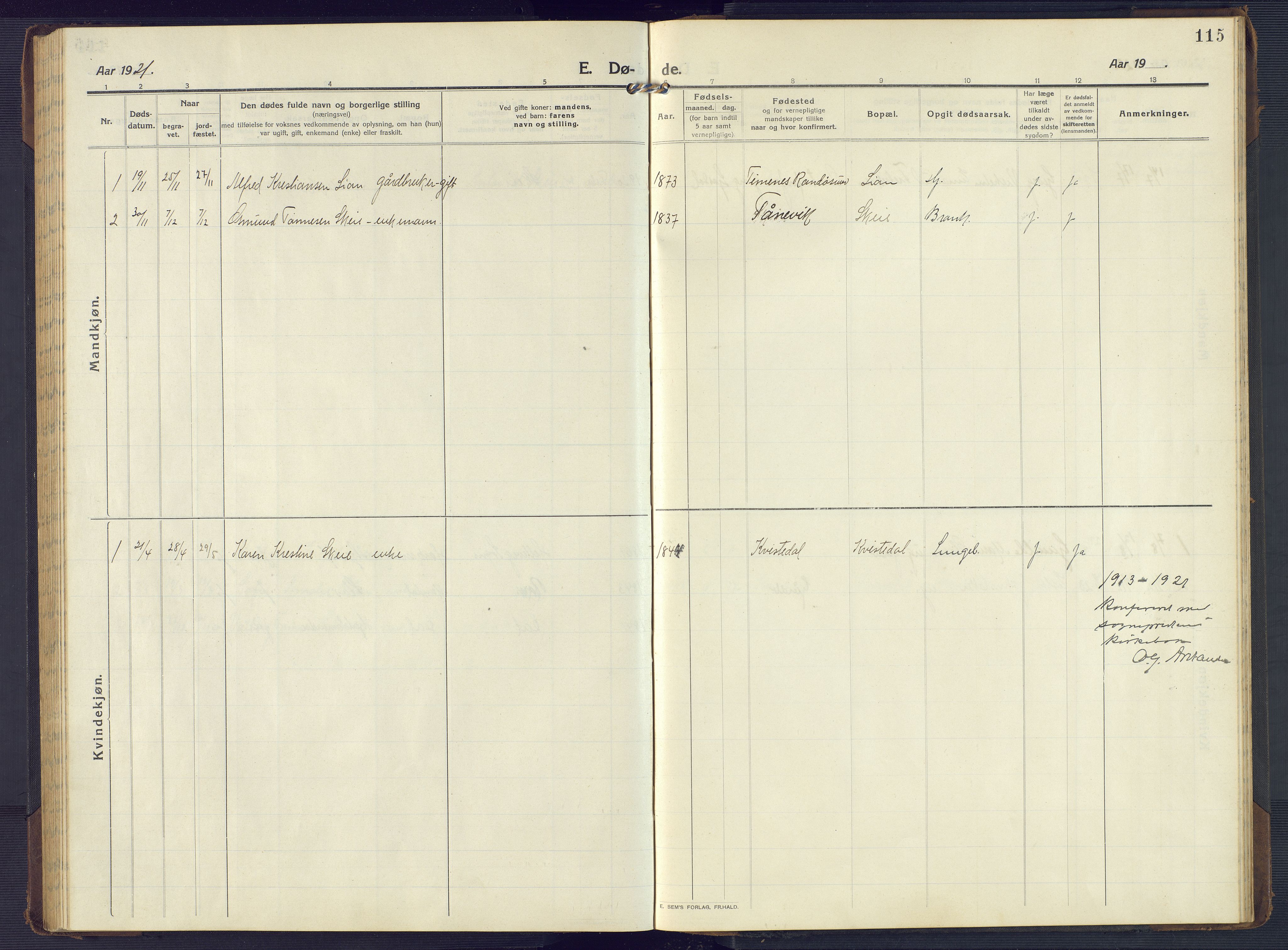 Mandal sokneprestkontor, AV/SAK-1111-0030/F/Fb/Fbb/L0005: Parish register (copy) no. B 5, 1913-1957, p. 115