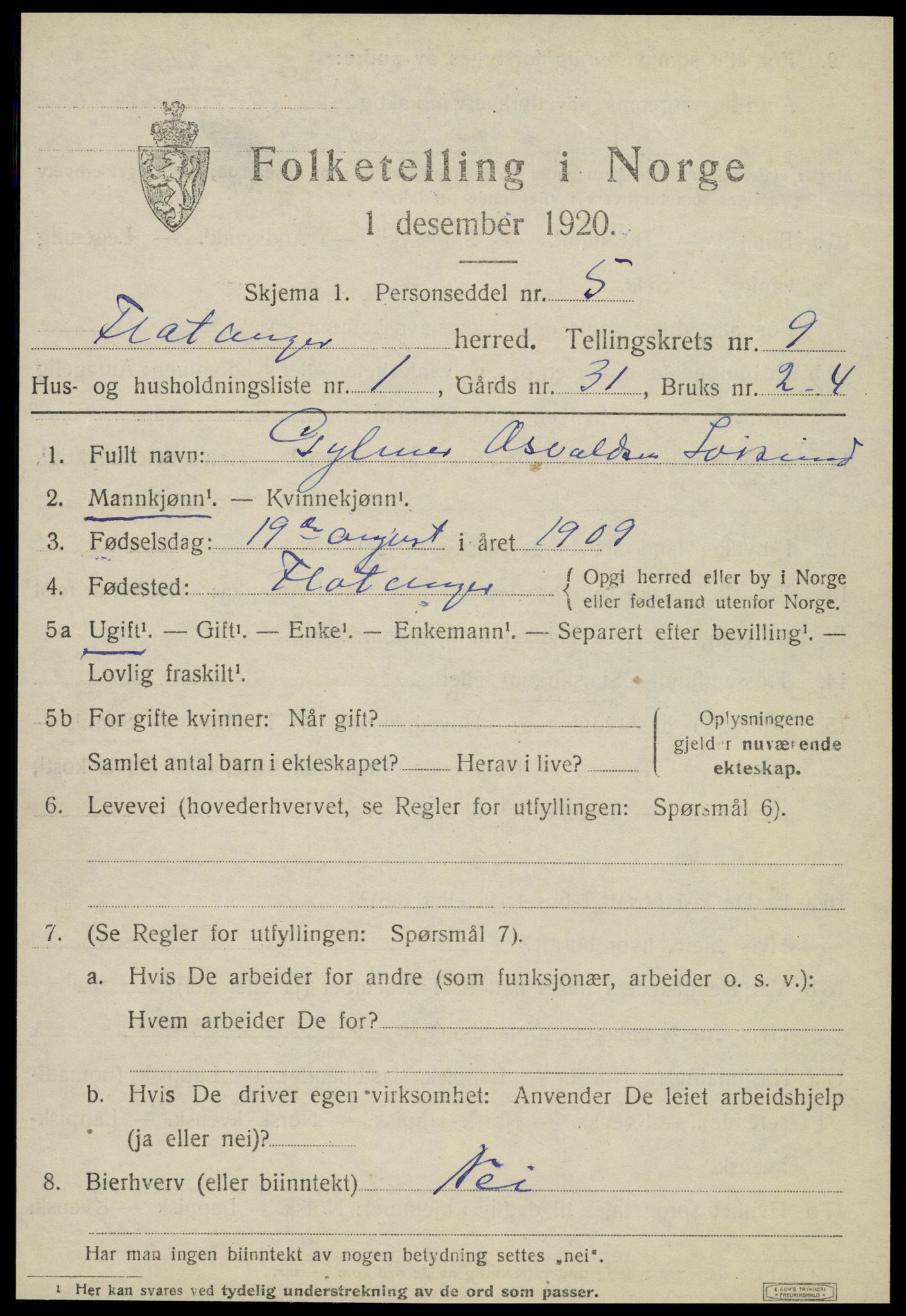 SAT, 1920 census for Flatanger, 1920, p. 4156