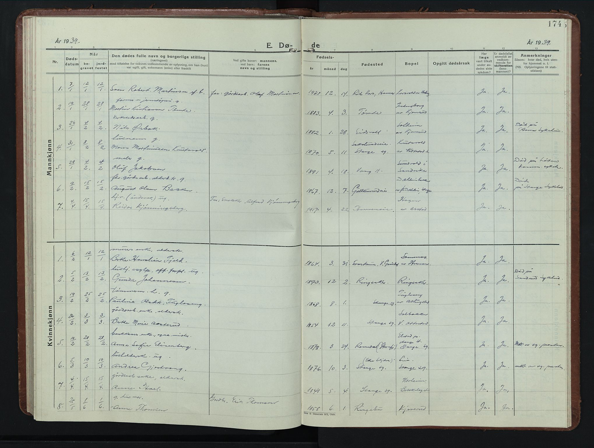 Stange prestekontor, SAH/PREST-002/L/L0019: Parish register (copy) no. 19, 1929-1947, p. 174