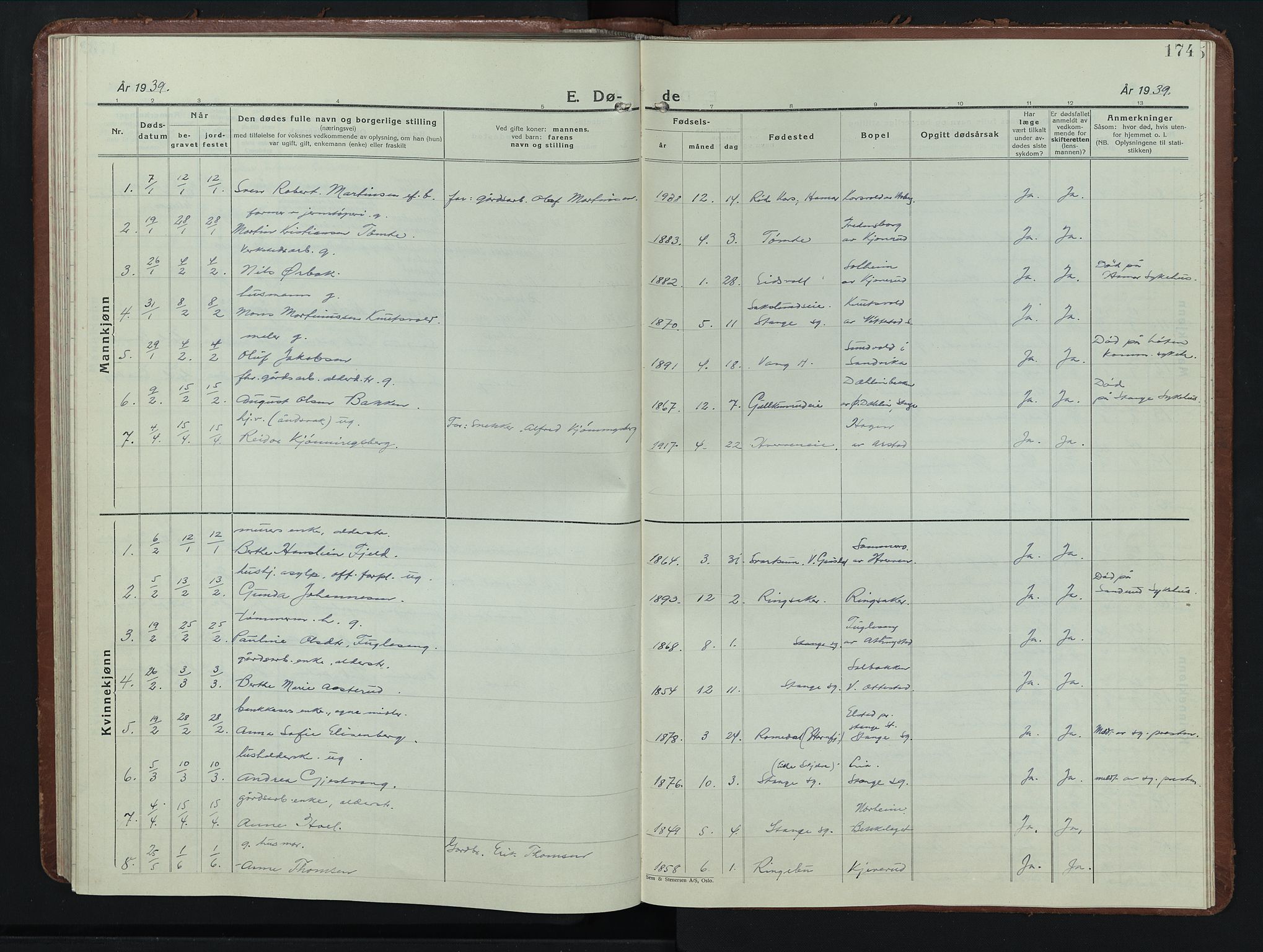 Stange prestekontor, AV/SAH-PREST-002/L/L0019: Parish register (copy) no. 19, 1929-1947, p. 174