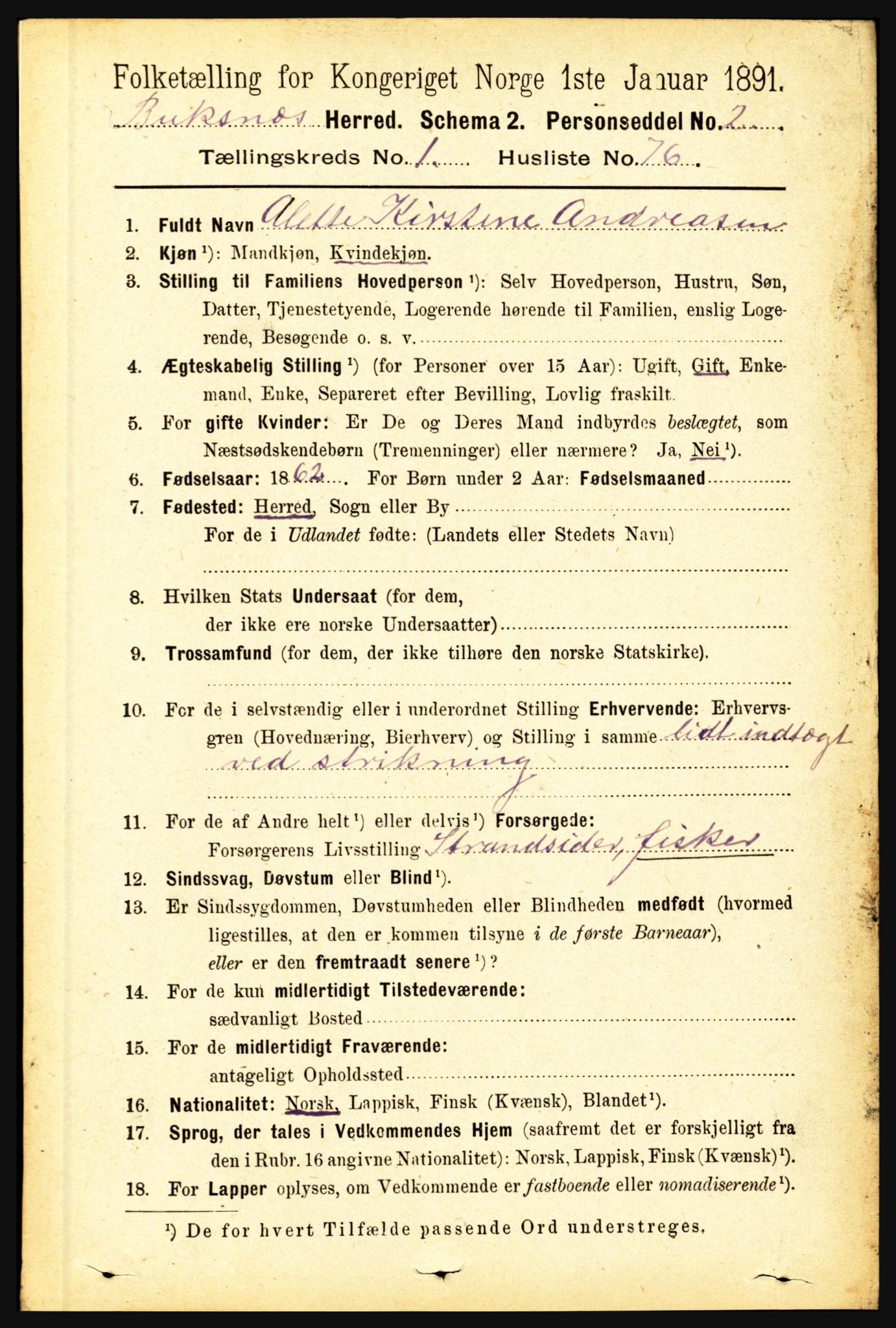 RA, 1891 census for 1860 Buksnes, 1891, p. 755