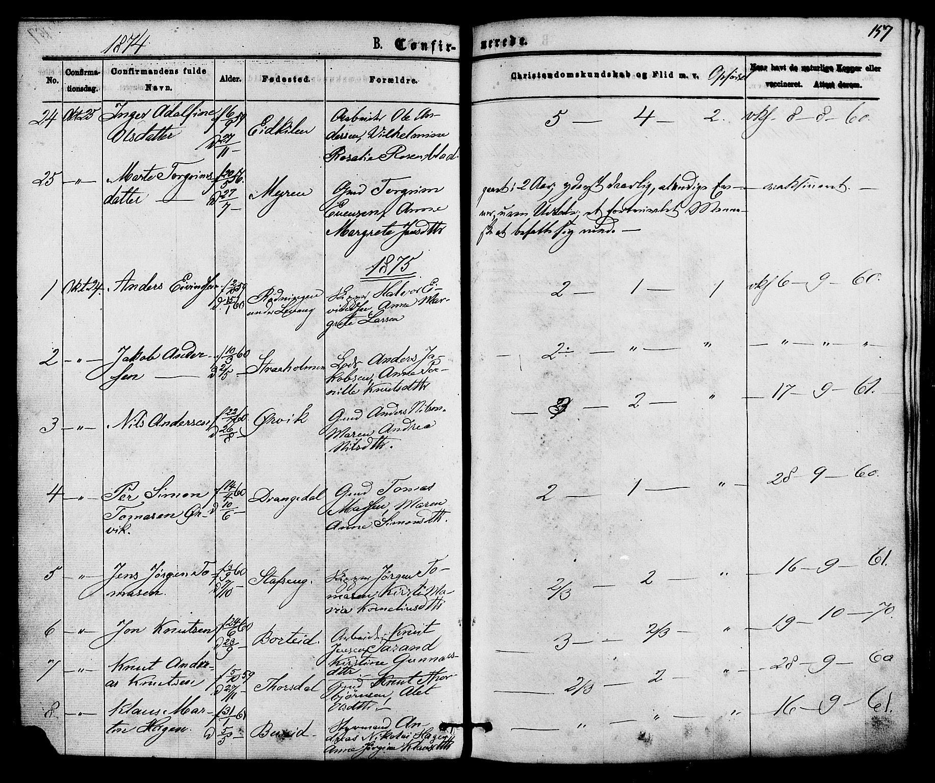 Skåtøy kirkebøker, SAKO/A-304/F/Fa/L0001: Parish register (official) no. I 1, 1874-1883, p. 157