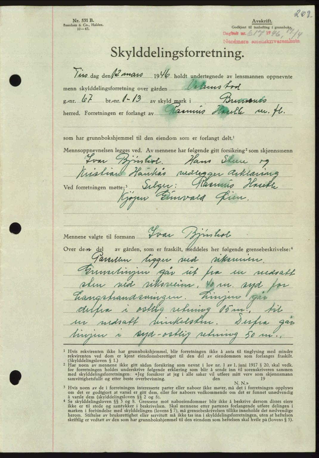 Nordmøre sorenskriveri, AV/SAT-A-4132/1/2/2Ca: Mortgage book no. A101, 1946-1946, Diary no: : 617/1946