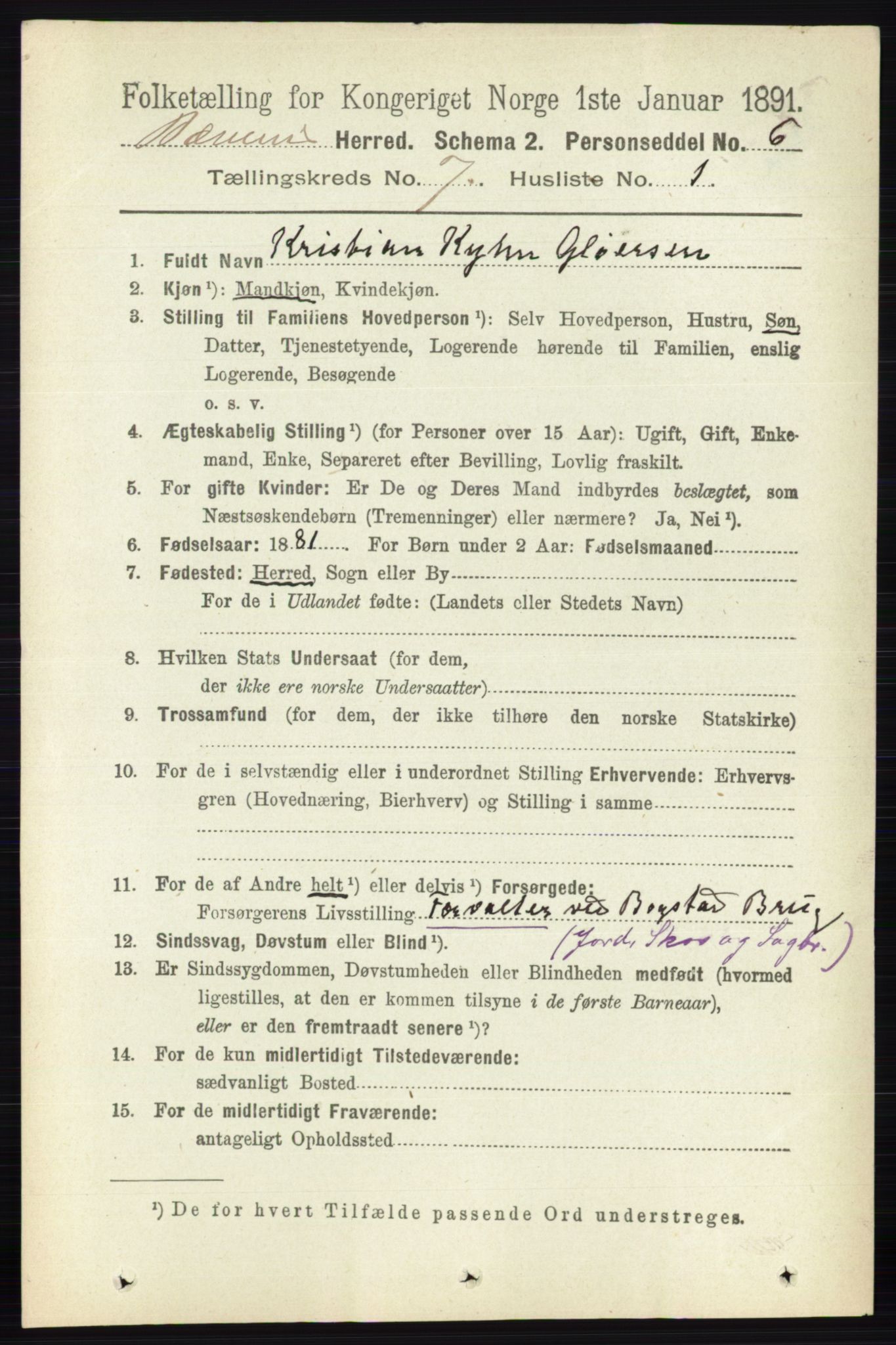 RA, 1891 census for 0219 Bærum, 1891, p. 4085