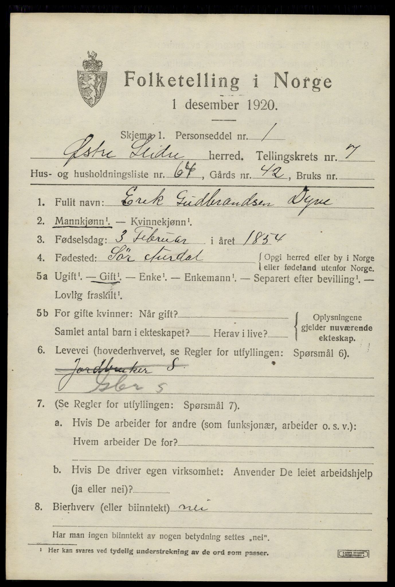 SAH, 1920 census for Øystre Slidre, 1920, p. 4757