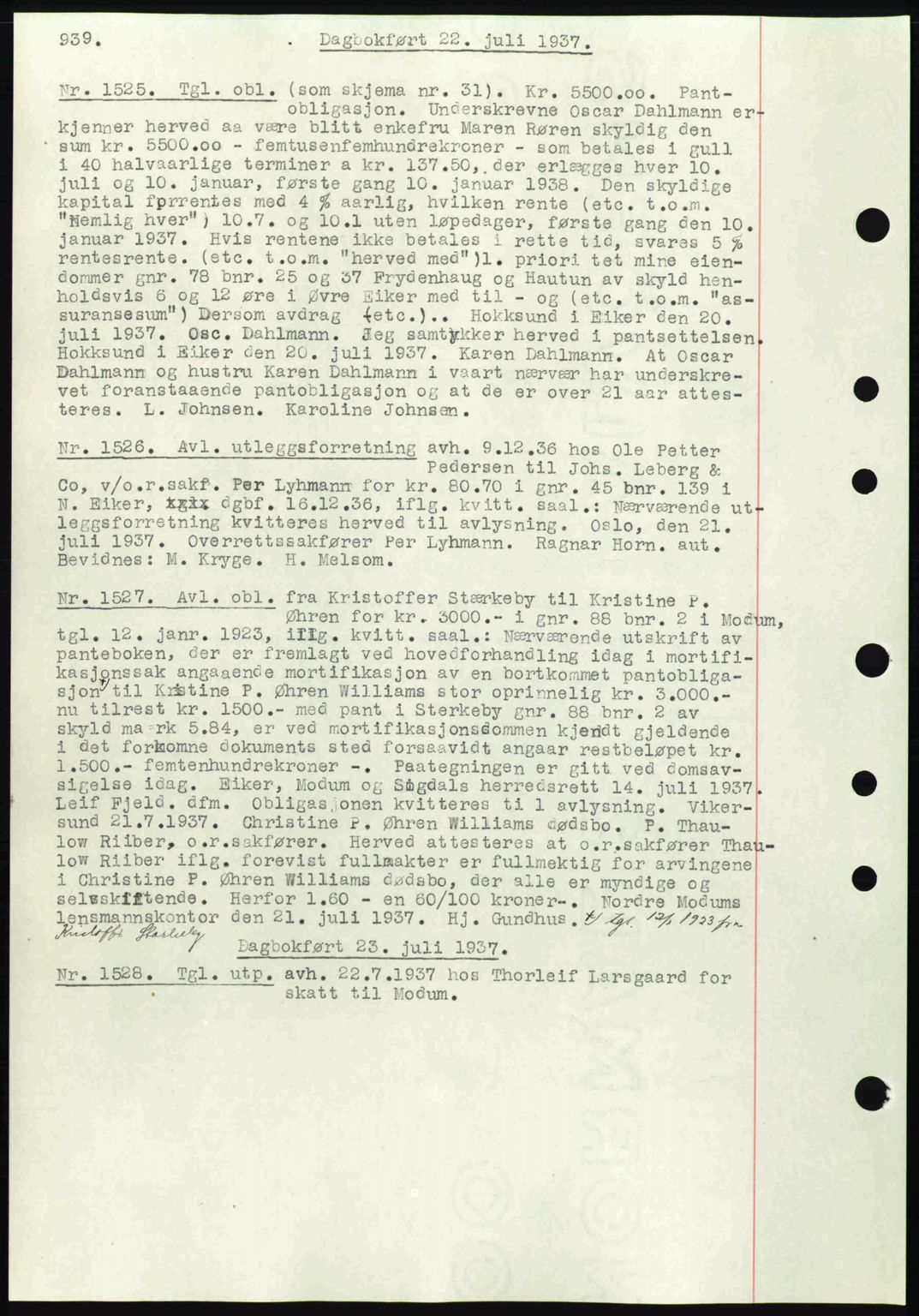 Eiker, Modum og Sigdal sorenskriveri, SAKO/A-123/G/Ga/Gab/L0035: Mortgage book no. A5, 1937-1937, Diary no: : 1525/1937