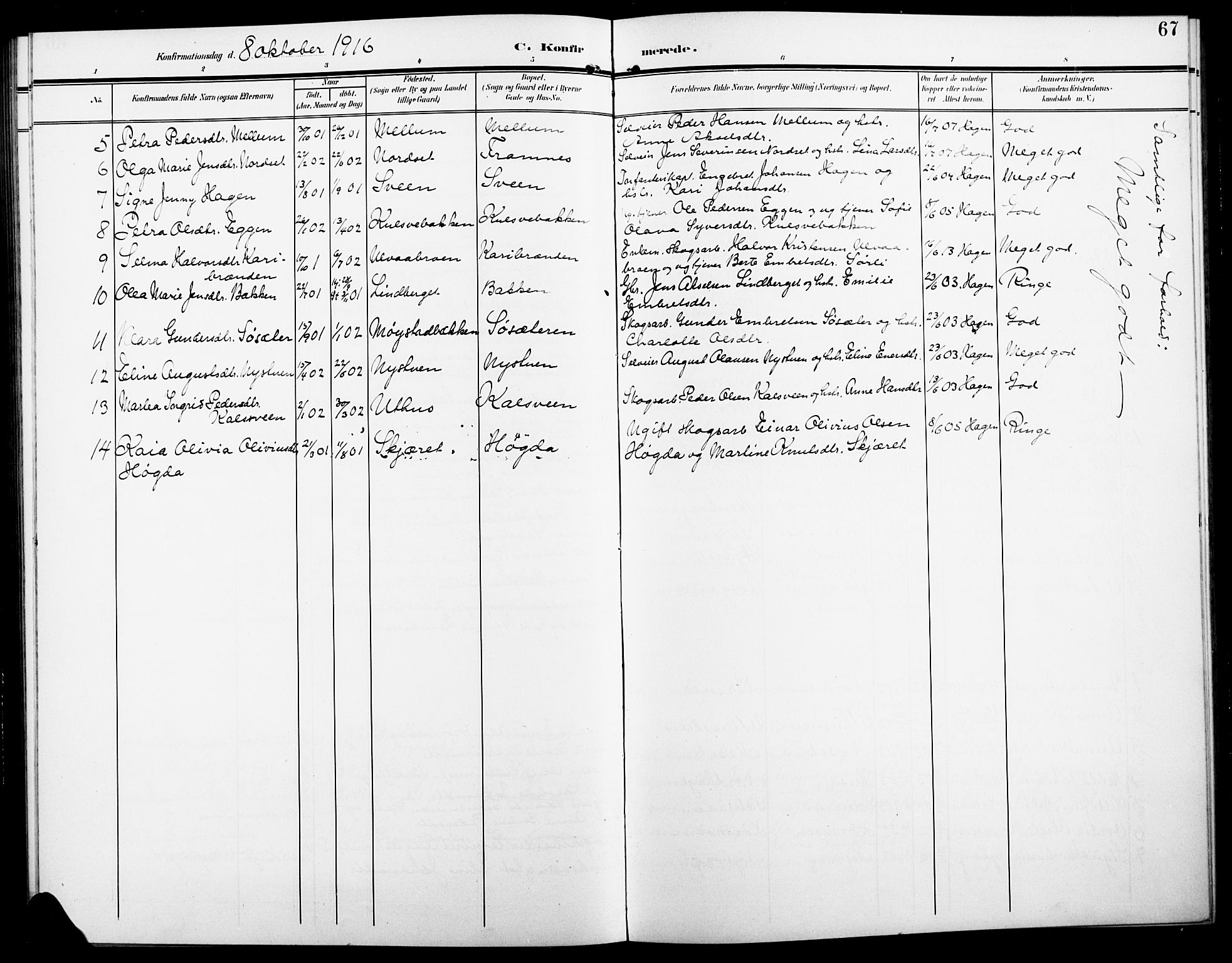 Elverum prestekontor, AV/SAH-PREST-044/H/Ha/Hab/L0008: Parish register (copy) no. 8, 1908-1918, p. 67