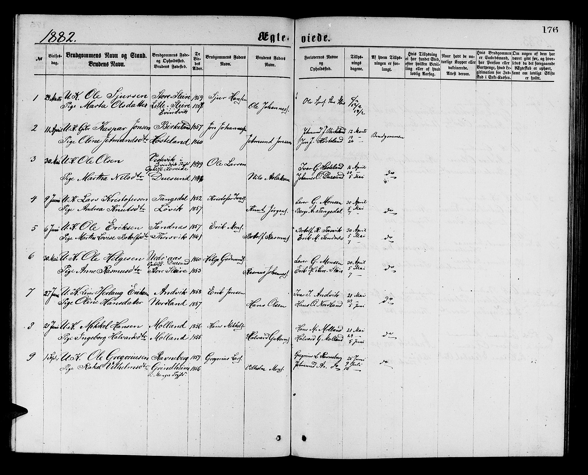 Masfjorden Sokneprestembete, AV/SAB-A-77001: Parish register (copy) no. A 2, 1876-1891, p. 176