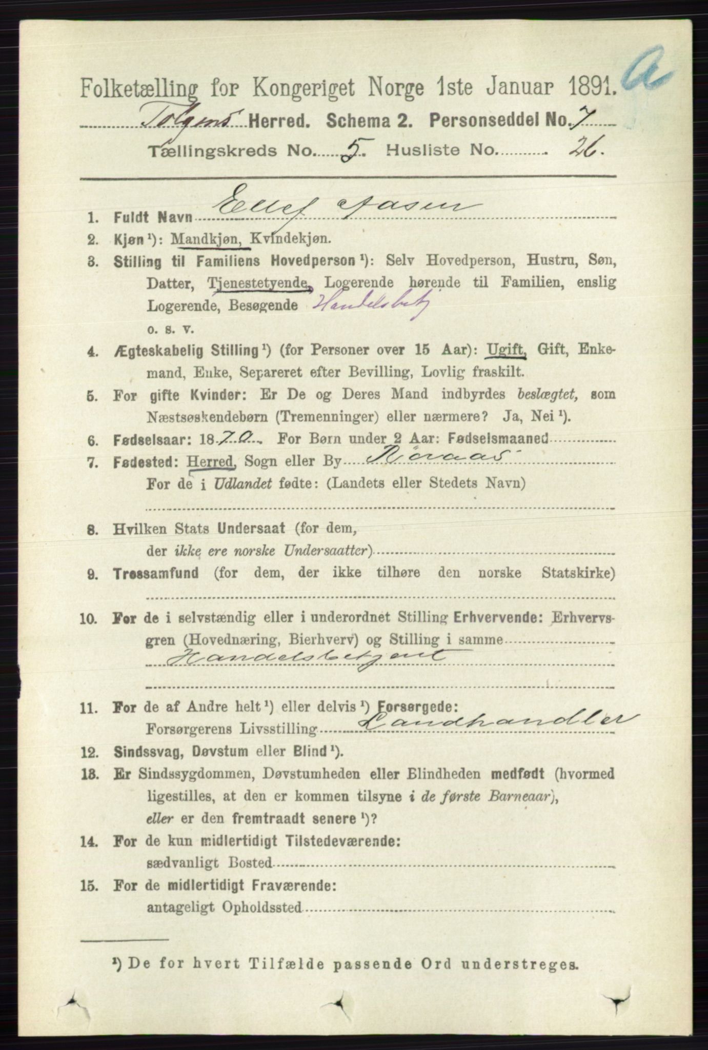 RA, 1891 census for 0436 Tolga, 1891, p. 1457