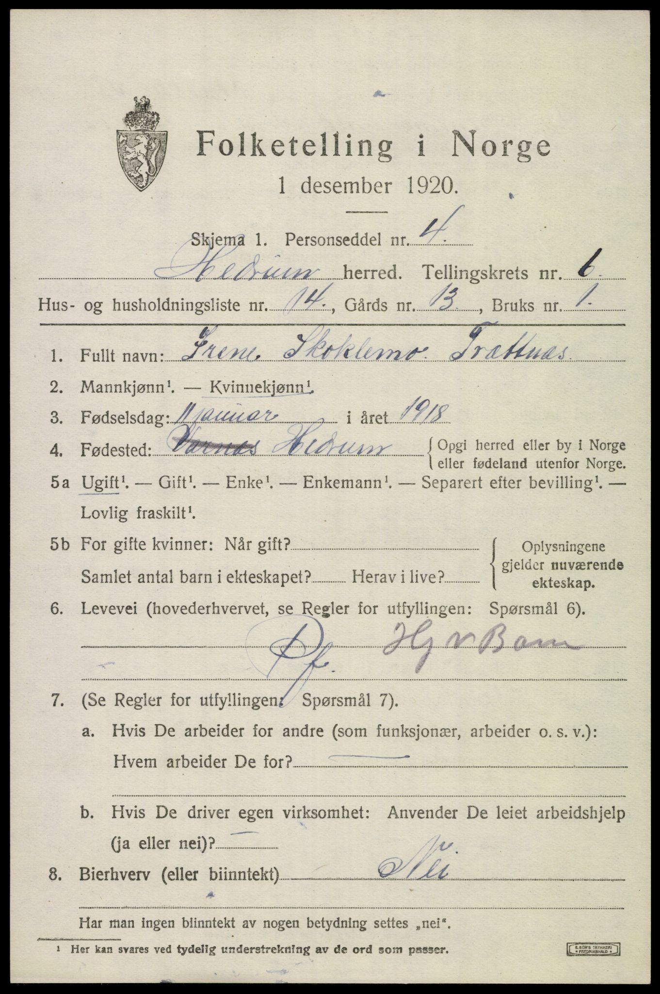 SAKO, 1920 census for Hedrum, 1920, p. 5689