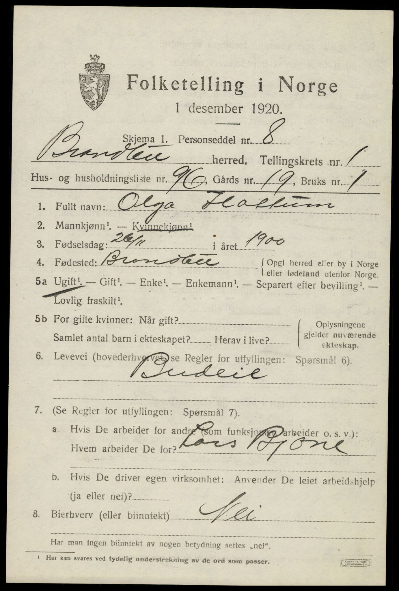 SAH, 1920 census for Brandbu, 1920, p. 3067