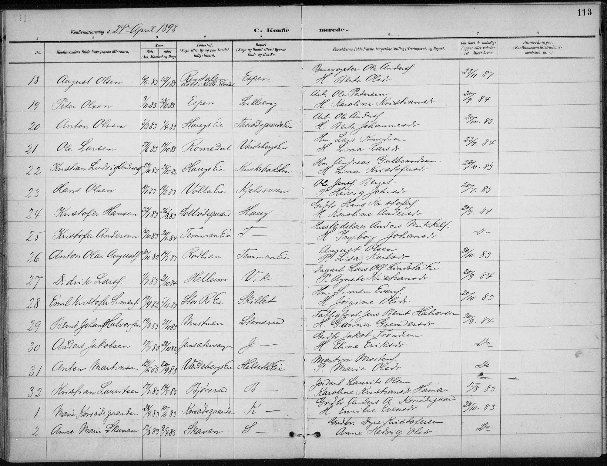 Stange prestekontor, SAH/PREST-002/K/L0023: Parish register (official) no. 23, 1897-1920, p. 113