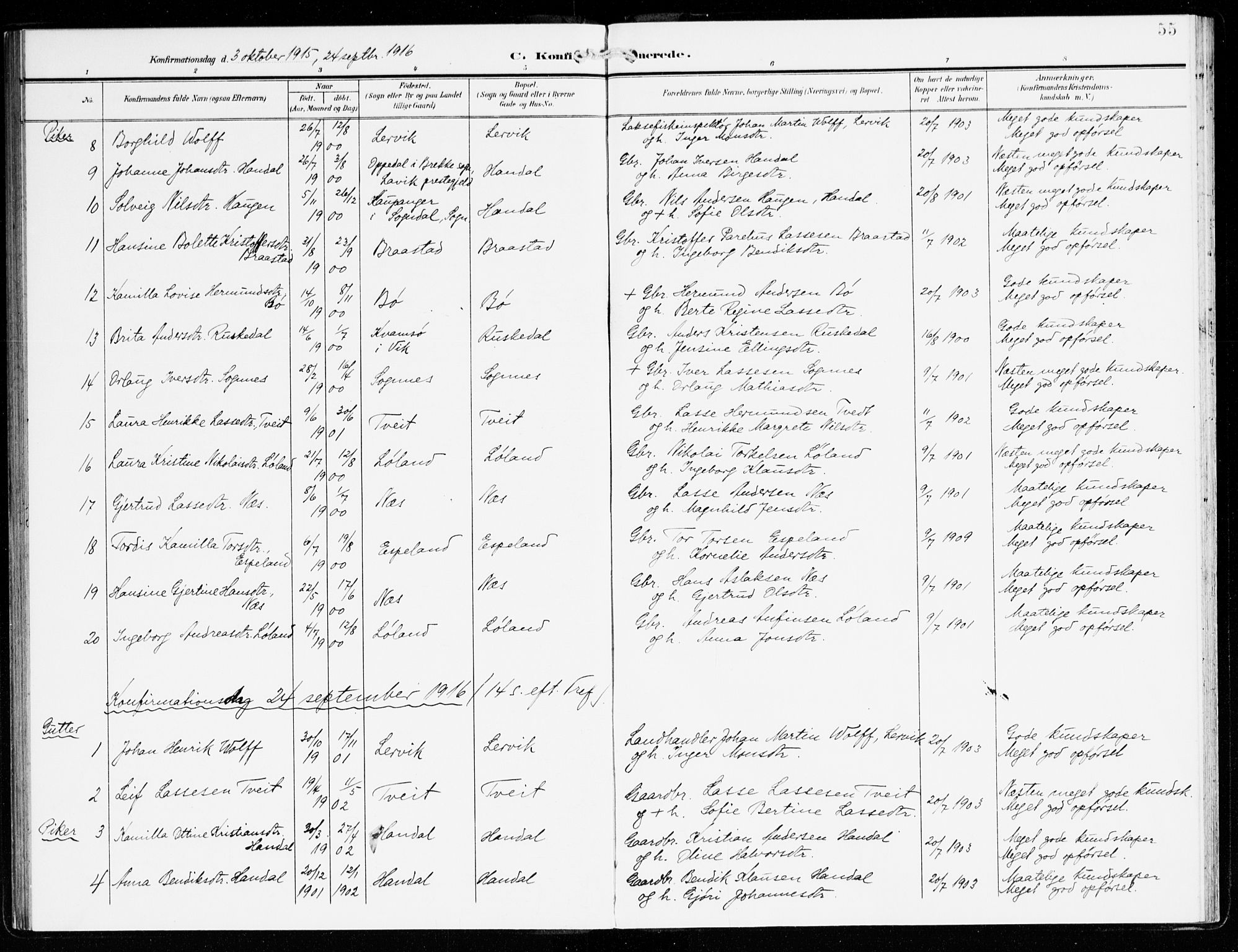 Hyllestad sokneprestembete, AV/SAB-A-80401: Parish register (official) no. C 2, 1904-1917, p. 55